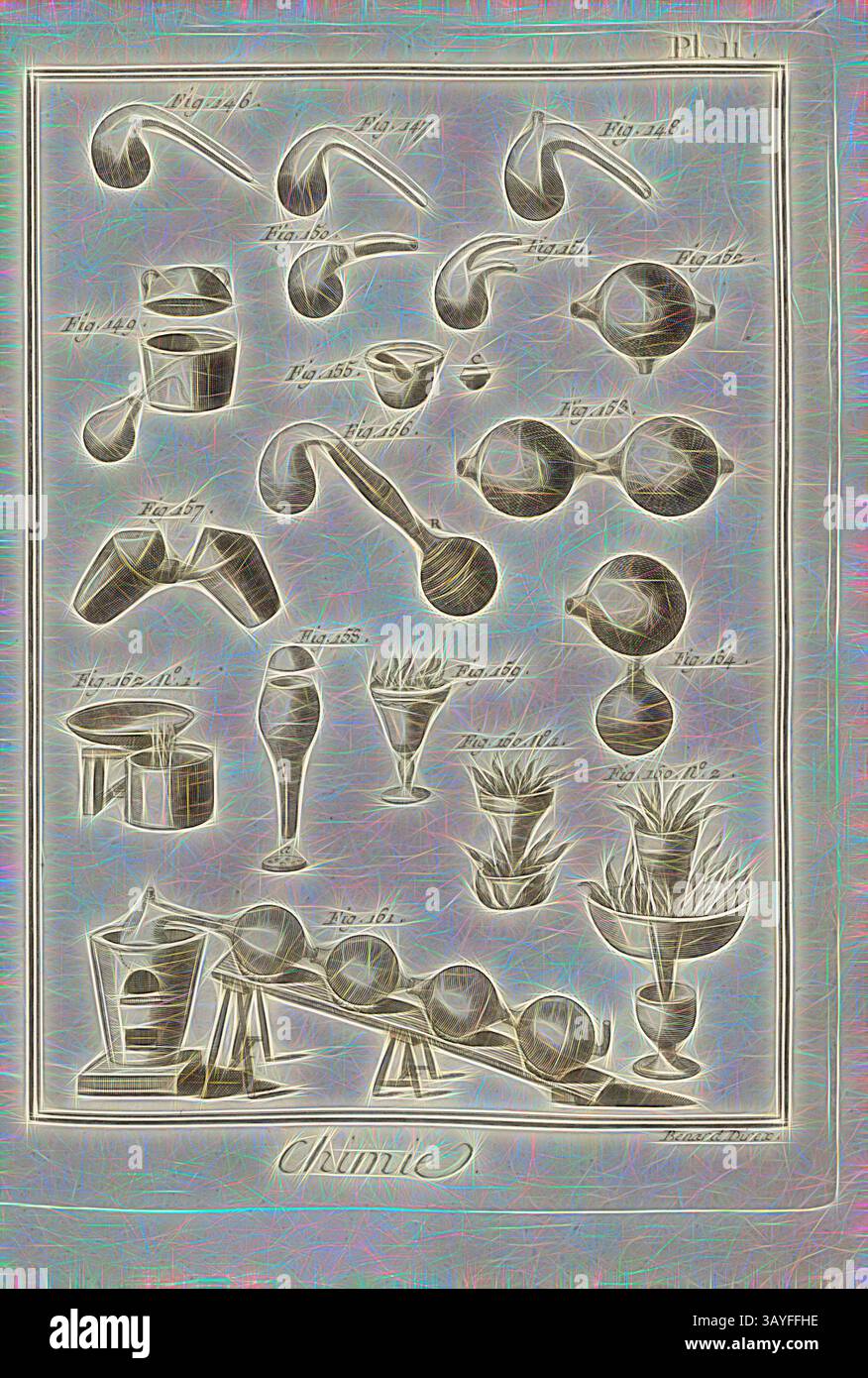 Une collection d'illustrations complexes présentant diverses pipes à fumer, verrerie et éléments botaniques, chacune étiquetée avec des figures et des descriptions détaillées. Les conceptions soulignent l'artisanat et le flair artistique, soulignant l'élégance des articles., chimie 10, appareils de laboratoire, cornues, flacons à fond rond, appareil de distillation, signé : Benard direx, PL. 11, à la p. 48, Benard (dir.), 1778, Denis Diderot ; M. d'Alembert : Encyclopédie, ou dictionnaire raisonné des sciences, des arts et des métierss, des arts et des métiers. Genève : chez Pellet, MDCCLXXVIII [1778], Art classique Banque D'Images