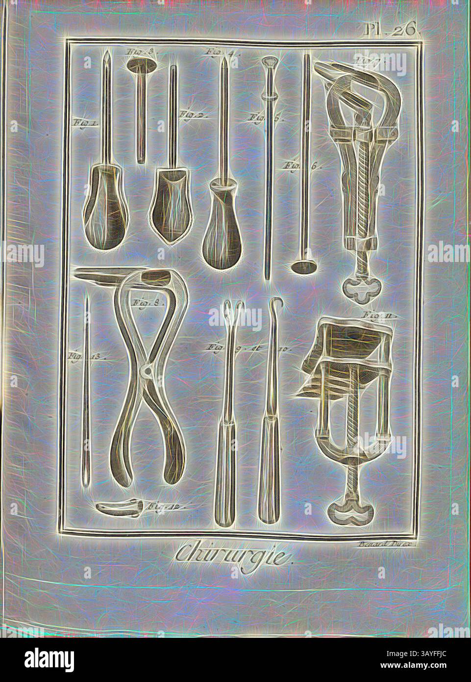 Une gamme d'instruments chirurgicaux vintage est affichée, y compris des scalpels, des forceps, et divers outils spécialisés. Chaque article est étiqueté avec des mesures, mettant en valeur l'artisanat et la précision des pratiques médicales historiques. La composition globale reflète l'évolution des techniques chirurgicales., chirurgie 22, instruments médicaux, signé : Benard direx, PL. 26, après p. 48, Benard (dir.), 1778, Denis Diderot ; M. d'Alembert : Encyclopédie, ou dictionnaire raisonné des sciences, des arts et des métierss, des arts et des métiers. Genève : chez Pellet, MDCCLXXVIII [1778], Art classique et moderne Banque D'Images