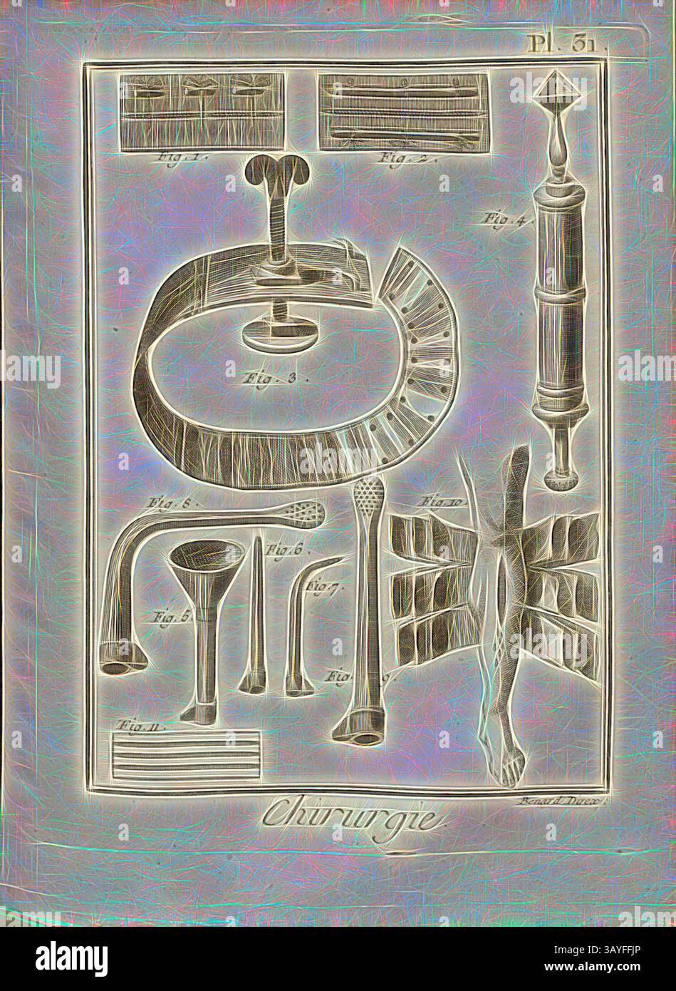 Une illustration complexe présentant divers instruments et outils chirurgicaux, chacun étiqueté pour référence. La mise en page présente un mélange de lignes précises et de gravures détaillées, mettant en valeur les formes et les fonctions distinctes des outils dans un contexte historique de la chirurgie., chirurgie 27, instruments médicaux, signé : Benard direx, pl. 31, après p. 48, Benard (dir.), 1778, Denis Diderot ; M. d'Alembert : Encyclopédie, ou dictionnaire raisonné des sciences, des arts et des métierss, des arts et des métiers. Genève : chez Pellet, MDCCLXXVIII [1778], Art classique avec une touche moderne réinventé par Artotop Banque D'Images