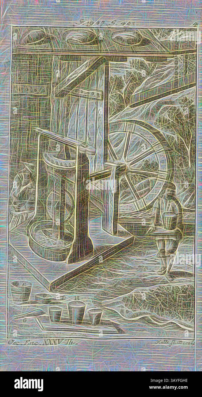 Une représentation complexe d'une presse d'imprimerie vintage, entourée de paysages luxuriants et d'une figure observante. La machine présente des engrenages et des roues, mettant en évidence l'art de l'estampe précoce dans un style dynamique et texturé., production de Ziger, Zigerreibe ; production de fromage, gravure sur cuivre, Fig. 1947, 1773, Karl-Heinz Manegold (Hg.) ; Wilhelm Treue (Hg.) : Dr Johann Georg Krünitz's Oekonomisch-technologische Encyklopädie, oder Allgemeines System der Staats-, Stadt-, Haus- und Landwirthschaft, und der Kunstgeschichte [...]. BD 35. Berlin : Pauli, 1773, Art classique avec une touche moderne Banque D'Images