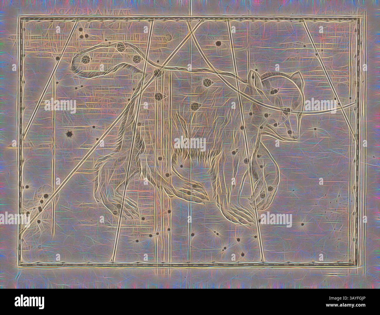 Représentation stylisée d'un ours entouré de lignes et de motifs complexes, créant une sensation de mouvement et de profondeur. L'arrière-plan présente des formes délicates et abstraites qui renforcent le flair artistique de la composition., Big Dipper, Constellation big Bear, S. 16, Bayer, Johann, 1603 ans, Ioannis Bayeri Uranometria omnium asterismorum (...). Augustae Vindelicorum : Excudit Christopherus Mangus, 1603, Art classique avec une touche moderne réinventé par Artotop Banque D'Images