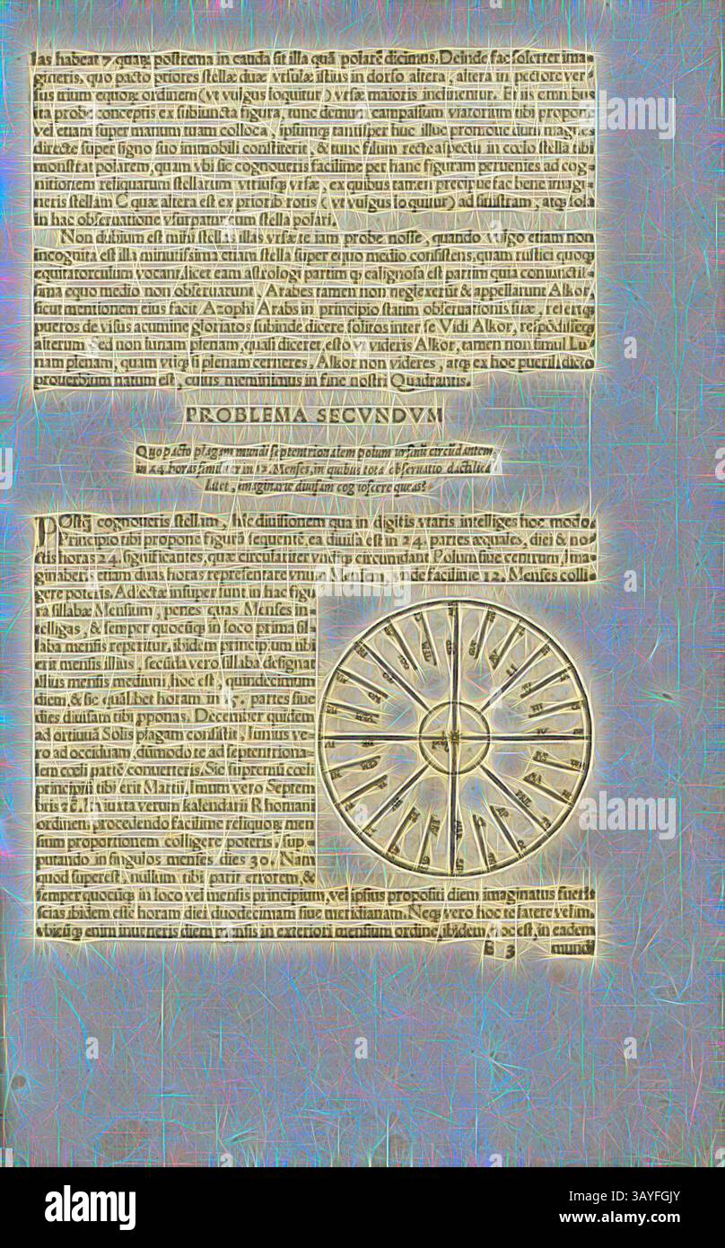 Un manuscrit ancien présente un texte complexe et des illustrations mathématiques. Le diagramme central représente un dessin circulaire divisé en segments, représentant probablement divers concepts ou solutions. Le texte qui l'entoure discute des méthodes de résolution de problèmes, mettant en valeur les idées mathématiques et philosophiques de l'auteur., Figura sequente, EA divisa est in 24 partes aequales, diei & noctis horas 24, Classification de la rotation autour de l'étoile polaire en 24 heures et 12 mois, Fig. 17, p. 45, Apian, Pierre (del.), 1533, Petrus Apian : Horoscopion Apiani generale dignoscendis horis cuiusqumque Banque D'Images