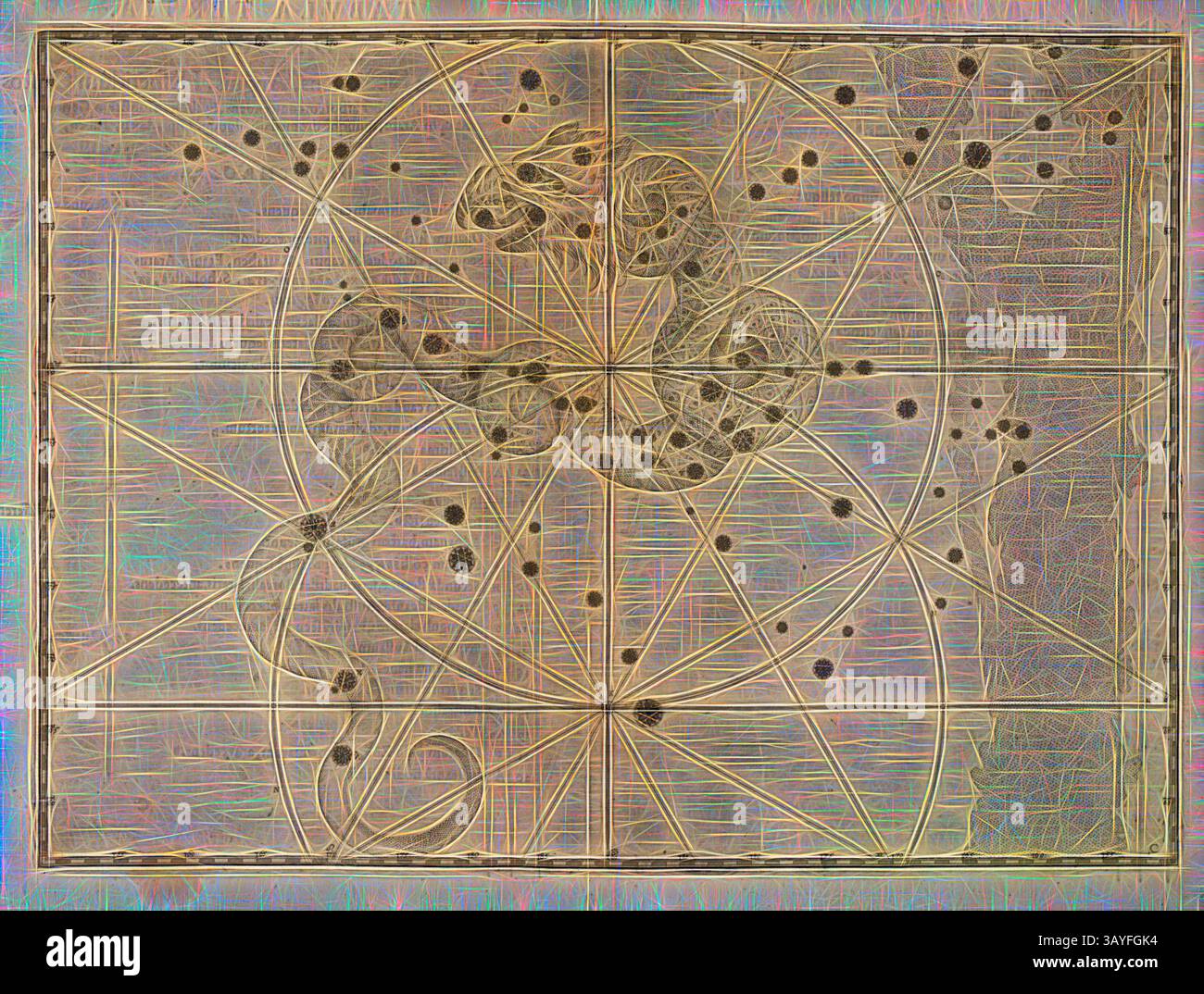 Une illustration complexe présente une carte céleste avec une figure sinueuse ressemblant à un serpent au milieu d'un réseau de motifs géométriques, représentant un mélange d'astronomie et de design artistique. La représentation est remplie de points symbolisant les étoiles, créant un contraste frappant avec les lignes et les formes environnantes., Draco, Constellation Dragon, p. 19, Mair, Alexander (inc), 1603, Ioannis Bayeri Uranometria omnium asterismorum (...). Augustae Vindelicorum : Excudit Christopherus Mangus, 1603, Art classique avec une touche moderne réinventé par Artotop Banque D'Images