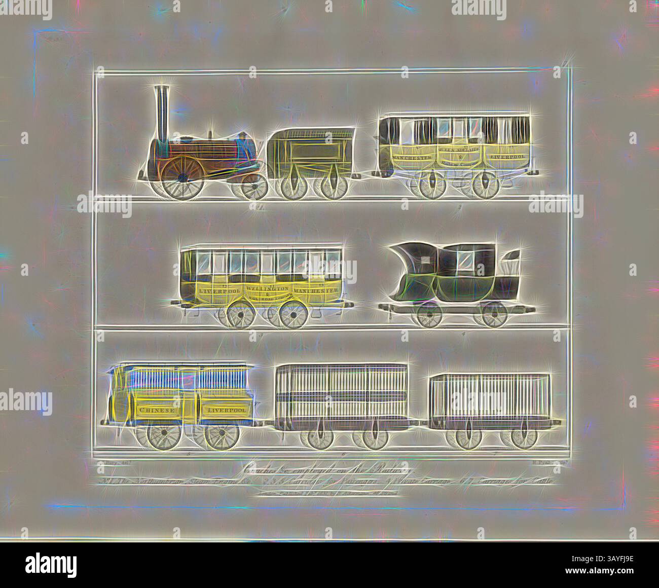 Une série de trains et de wagons anciens sont exposés, présentant divers modèles et styles de différentes époques du transport ferroviaire, avec des détails complexes et des accents colorés., autocars, wagons du Liverpool and Manchester Railway, signé : T. T. Bury (del.), H. Pyall (Sculp.), planche 7, après p. 8, Bury, Thomas Talbot (del.), Pyall, Henry (Sculp.), 1831, T. T. Bury : vues colorées sur le chemin de fer de Liverpool et Manchester : avec des plaques des voitures, des machines, &c. : avec des détails descriptifs, servant de guide aux voyageurs sur le chemin de fer. Londres : publ. Par R. Ackermann, 1831, classique Banque D'Images