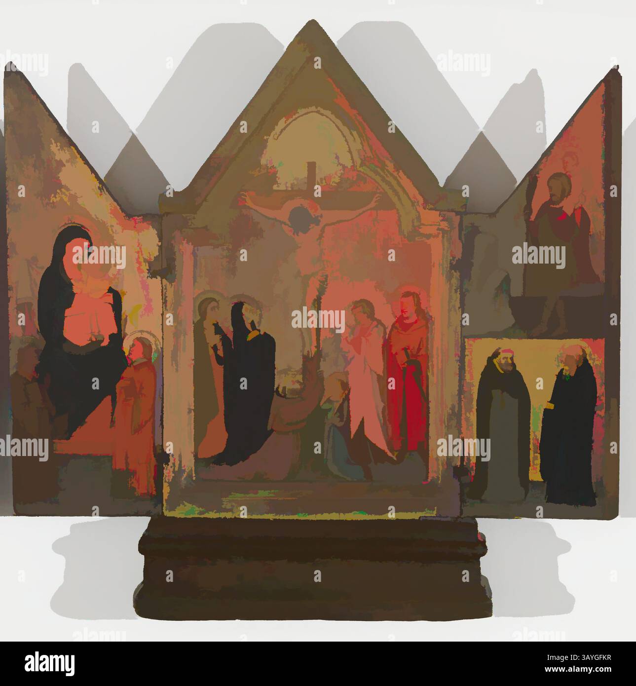 Un autel décoré représentant des personnages religieux, dont la crucifixion au centre, entouré de scènes de culte, de dévotion et de divers saints aux teintes vibrantes. La conception complexe capture un sentiment de vénération et de spiritualité. Maître du crucifix de San Quirico : triptyque, maître du crucifix de San Quirico, années 1290, Tempera et feuille d'or sur panneau, total : 17 x 17 1/2 po. (43,2 x 44,5 cm) Art classique avec une touche moderne réinventée par Artotop Banque D'Images