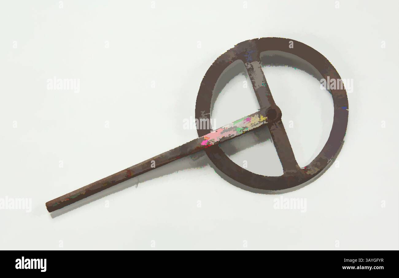 Un outil de nivellement vintage avec un cadre circulaire et une longue poignée, avec des couleurs délavées et des signes d'usure, suggérant qu'il a été largement utilisé dans la construction ou la menuiserie. Américain : Voyageur, américain, 19e siècle, fer, total : 13 13/16 x 6 11/16 x 7/8 po. (35,1 x 17 x 2,2 cm) Art classique avec une touche moderne réinventée par Artotop Banque D'Images