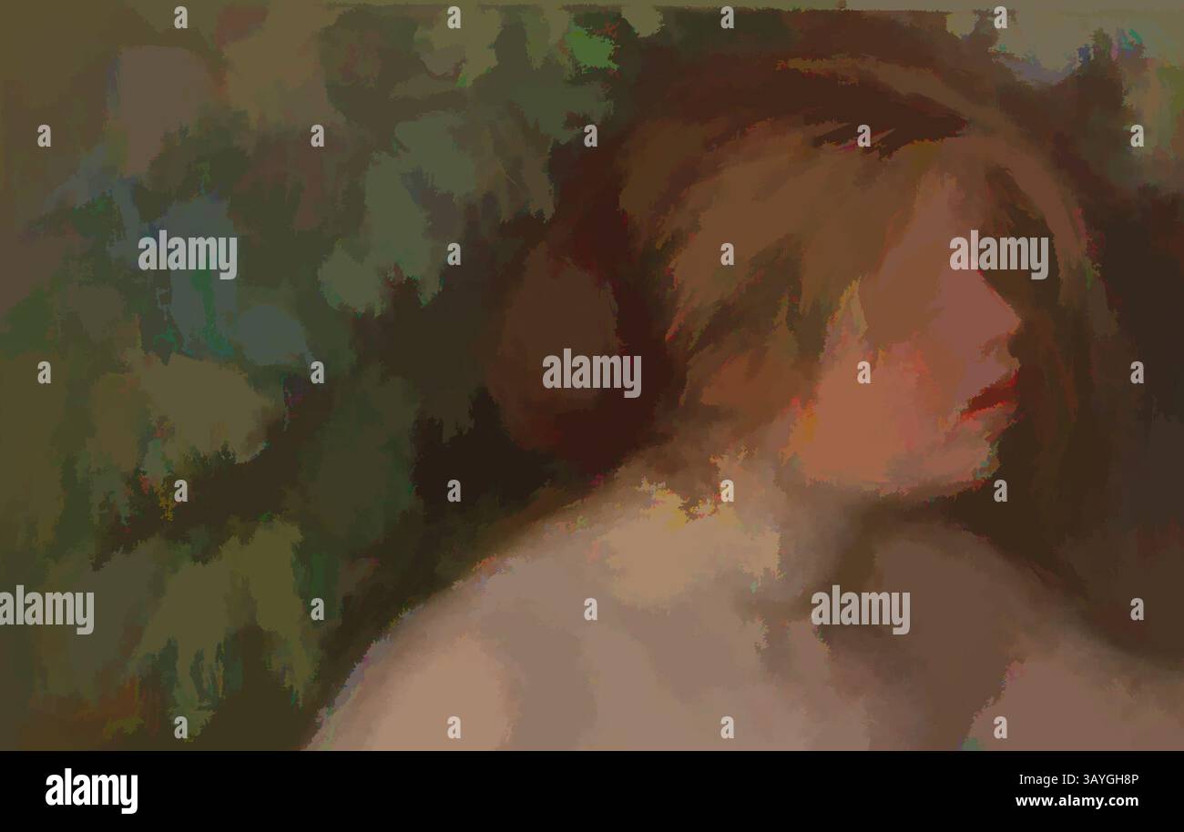 Une femme aux cheveux fluides est capturée dans un moment de contemplation, son profil adouci par de doux coups de pinceau sur fond de verdure luxuriante. Les couleurs subtiles se mélangent, évoquant un sentiment de sérénité et d'introspection. Pierre-Auguste Renoir : après le bain (la sortie du bain), Pierre-Auguste Renoir, 1910, huile sur toile, total : 37 3/16 x 29 5/8 po. (94,5 x 75,2 cm) Art classique avec une touche moderne réinventée par Artotop Banque D'Images
