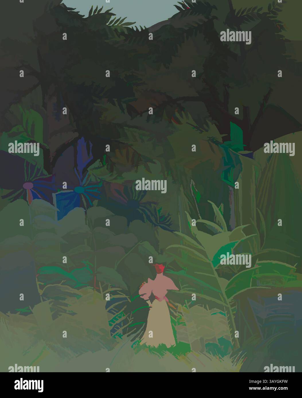 Une figure sereine se dresse au milieu d'un feuillage luxuriant et vibrant, créant un mélange harmonieux de nature et de tranquillité, tandis que des notes de couleur jettent un coup d'œil à travers un paysage dense et verdoyant. Henri Rousseau : femme se promenant dans une forêt exotique, Henri Rousseau, 1905, huile sur toile, Henri Rousseau, Henri Rousseau, peintre autodidacte, il devient le héros improbable de l'avant-garde parisienne pour son style « naïf » et ses thèmes énigmatiques. Ici, par exemple, il prend un sujet apparemment ordinaire — une femme dehors pour une promenade dans les bois — et le rend étrange. La figure habillée à la mode est éclipsée par Banque D'Images