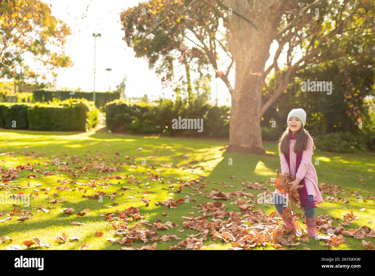 enfant femelle de 7 ans rassemblant un petit tas de feuilles brunes et oranges dans une cour herbeuse, espace de copie Banque D'Images