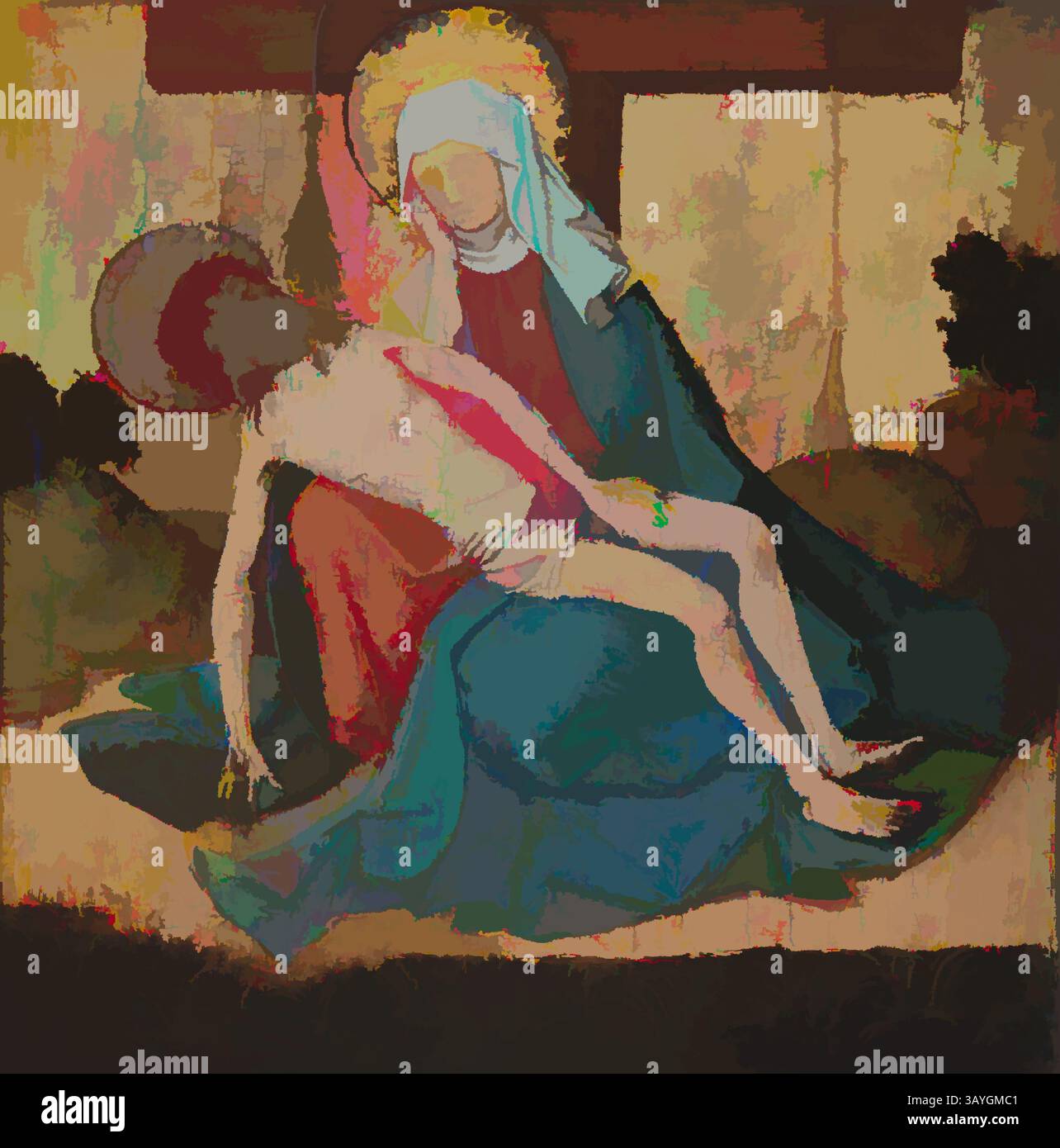 Une scène poignante capture un moment douloureux, représentant une figure de Marie berçant le corps sans vie du Christ, enveloppée dans une riche tapisserie de couleurs et de profondeur émotionnelle, évoquant des thèmes de chagrin et de compassion. Français : Pietà, artiste non identifié, français, 15ème siècle, huile et tempera ( ?) Avec feuille d'or sur panneau, total : 7 5/8 x 7 3/8 po. (19,4 x 18,7 cm) Art classique avec une touche moderne réinventée par Artotop Banque D'Images