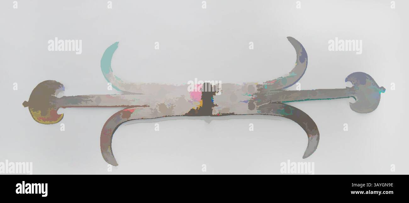 Une épée cérémonielle au design complexe avec des lames courbées et des éléments décoratifs, mettant en valeur une fusion de savoir-faire et d'art. La surface métallique reflète des notes de couleur, ajoutant à son esthétique unique. Américain : double charnière, américain, 18ème siècle, fer, total : 28 x 9 7/8 x 5/8 po. (71,1 x 25,1 x 1,6 cm) Art classique avec une touche moderne réinventée par Artotop Banque D'Images