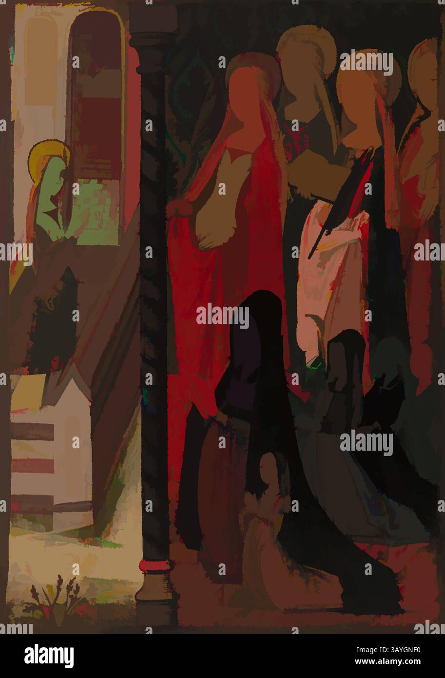 Une scène sereine représentant une figure religieuse dans un moment contemplatif, entourée d'un groupe de figures solennelles, chacune drapée de vêtements fluides qui suggèrent un sentiment de vénération. Les couleurs riches et les formes stylisées créent un cadre atmosphérique et introspectif. Français : Marie allant au Temple, quatre saintes féminines, et une donatrice et ses filles, artiste non identifié, français, 15ème siècle, huile sur panneau, total : 23 x 16 1/8 po (58,4 x 41 cm) Art classique avec une touche moderne réinventée par Artotop Banque D'Images