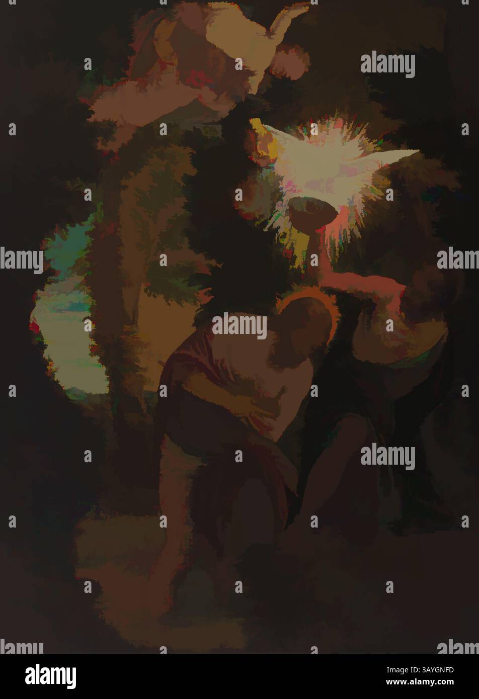 Un groupe de personnages est représenté dans une scène dramatique, avec une personne éclairée par une lumière rayonnante et incandescente tandis que d'autres les entourent dans diverses poses. Les riches contrastes créent une atmosphère intense, suggérant des thèmes de révélation et d’émotion. Veronese (Paolo Caliari) : baptême du Christ, Veronese (Paolo Caliari), milieu du XVIe siècle, huile sur toile, total : 42 x 31 1/4 po. (106,7 x 79,4 cm) Art classique avec une touche moderne réinventée par Artotop Banque D'Images
