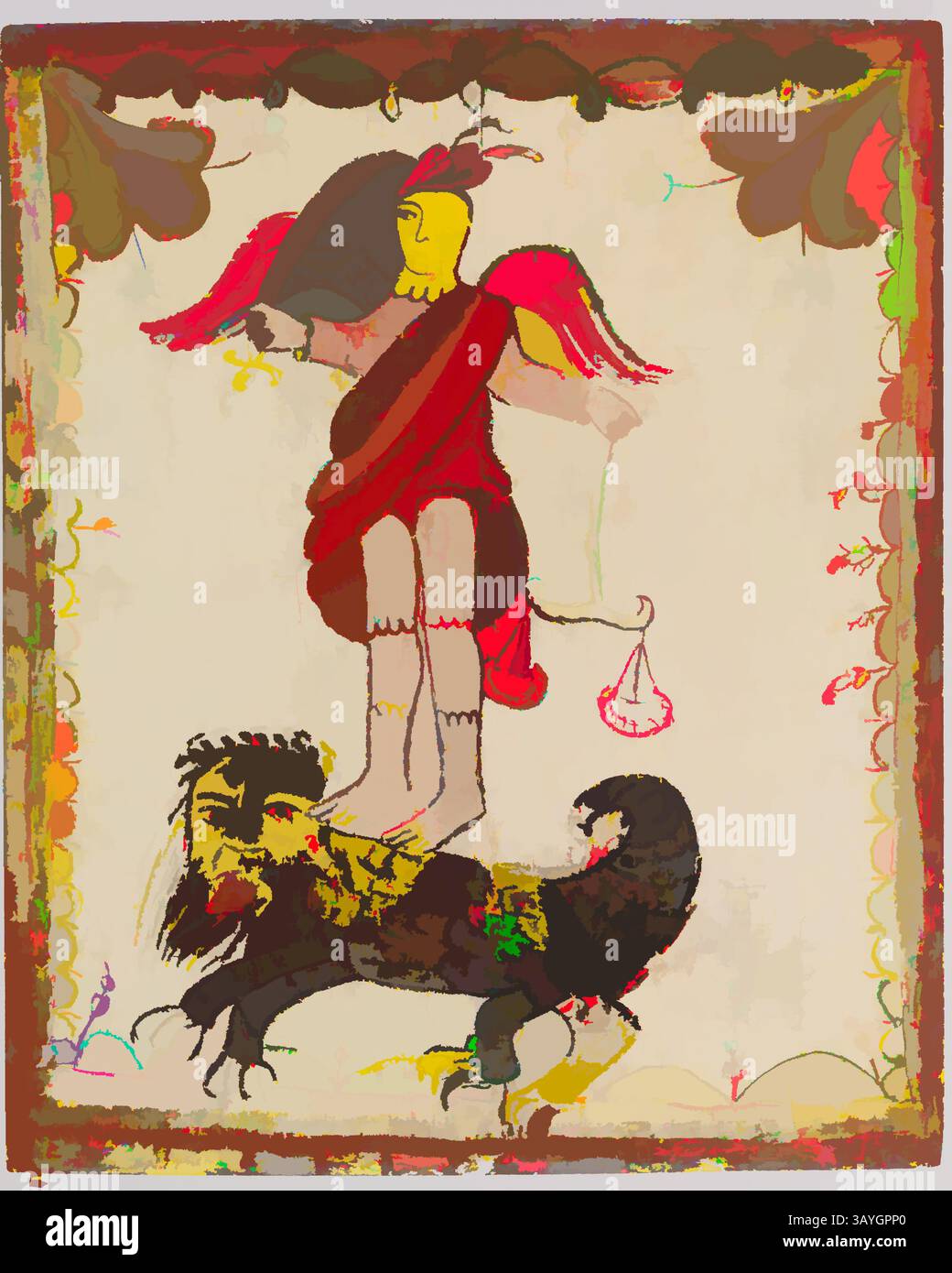 Une figure céleste se tient en toute confiance, équilibrant les écailles dans une main, ornée d'ailes vibrantes et d'une tenue traditionnelle. A leurs pieds se trouve une créature sombre et mythique, symbolisant l'équilibre entre la lumière et l'obscurité. La composition est encadrée de motifs ornés qui mettent en valeur le thème mystique. Nouveau-Mexique : Saint Michael (San Miguel), Quill Pen Santero, Nouveau-Mexique, c. 1840, peinture à base d'eau sur panneau de bois, total : 13 7/8 x 11 1/4 po. (35,2 x 28,6 cm) Art classique avec une touche moderne réinventée par Artotop Banque D'Images