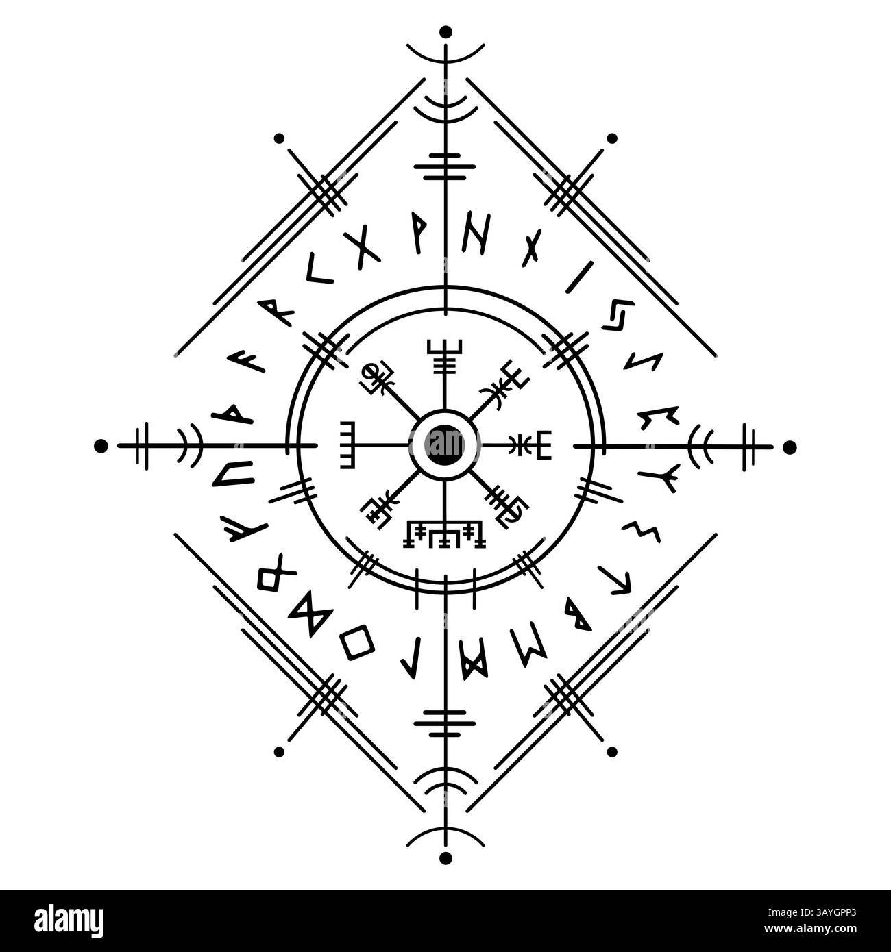 La boussole magique Vegvisir, ancien alphabet runique viking, utilisait de nombreux symboles conformément à la mythologie nordique, largement utilisée dans la société viking Illustration de Vecteur