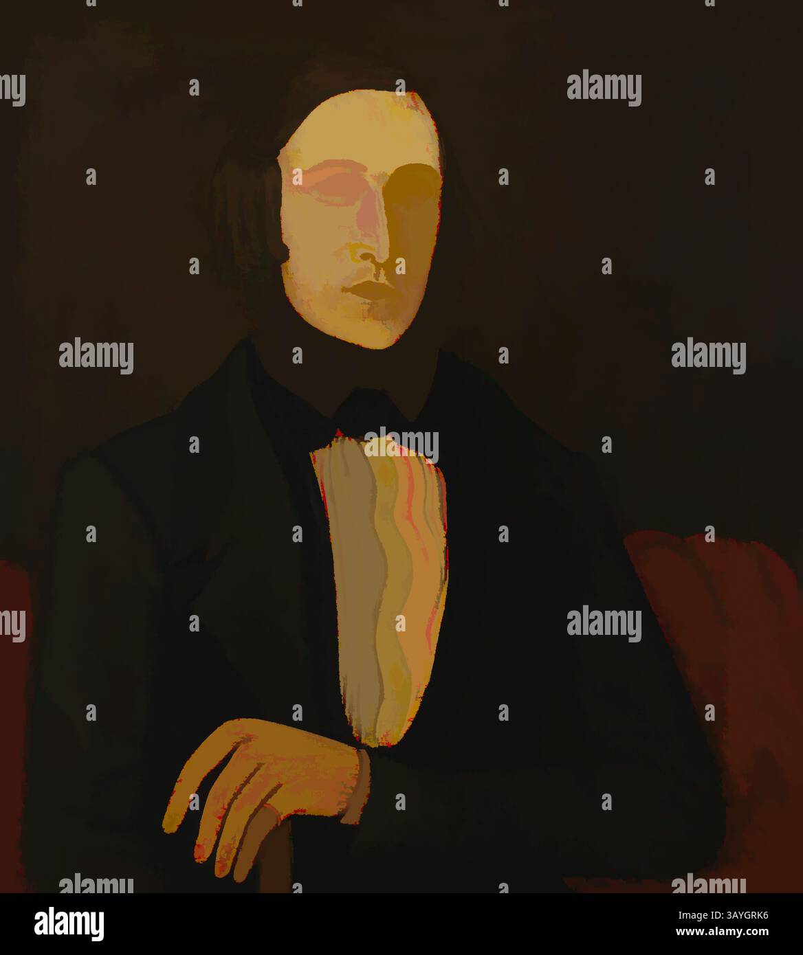 Portrait stylisé d'un personnage habillé dans une tenue habillée, avec une palette de couleurs discrètes. Le sujet apparaît serein, avec une expression légèrement ambiguë, et est assis sur un fond sombre, soulignant leur silhouette et les détails de leurs vêtements. Joseph Goodhue Chandler : Portrait d'un homme, Joseph Goodhue Chandler, v. 1845–1850, huile sur toile (plus tard montée sur panneau dur), total : 28 1/4 x 25 5/8 po. (71,8 x 65,1 cm) Art classique avec une touche moderne réinventée par Artotop Banque D'Images