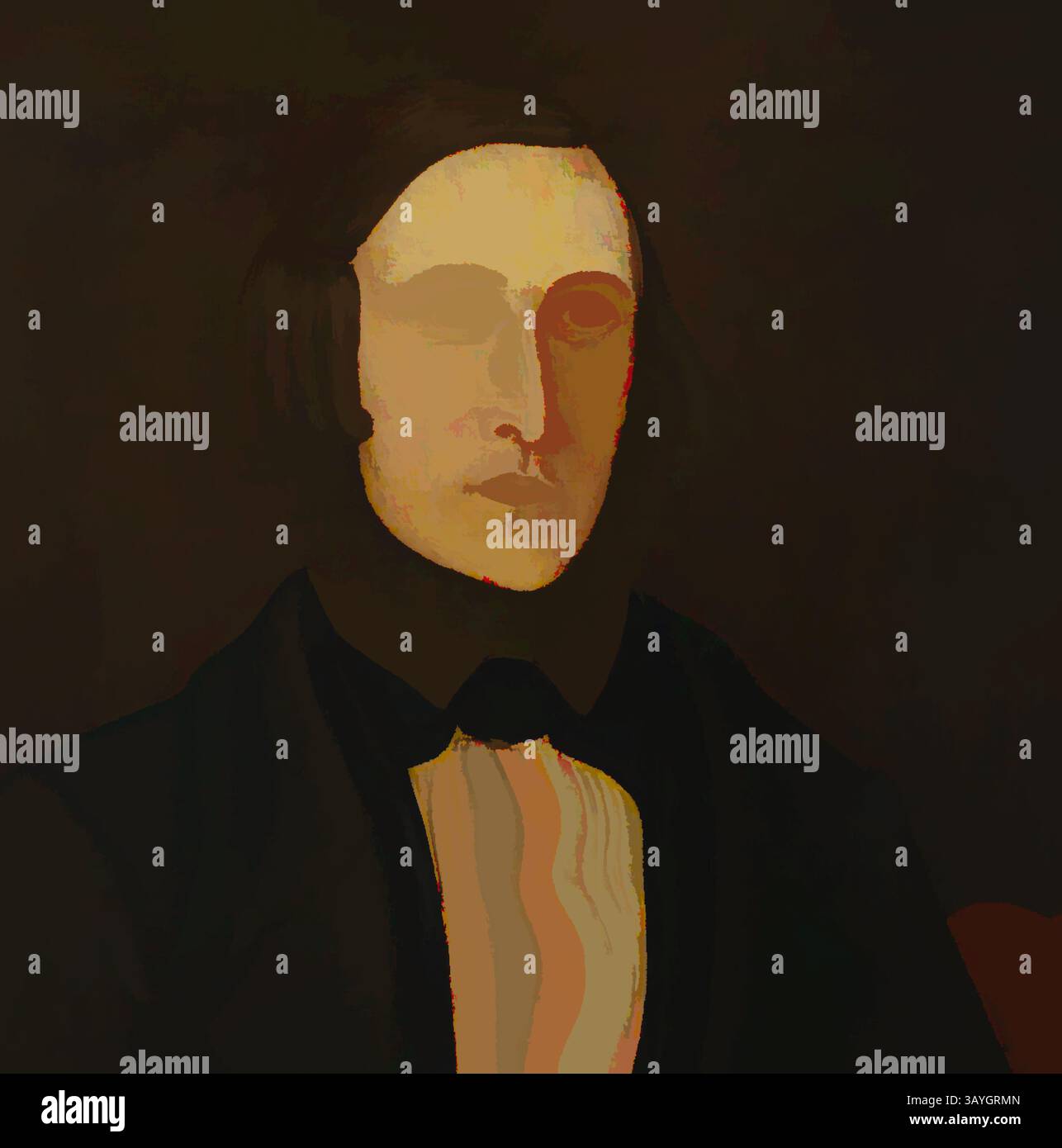 Un personnage au visage vierge, habillé en tenue formelle, se dresse sur un fond sombre et texturé, dégageant une aura de mystère et d'intrigue. Joseph Goodhue Chandler : Portrait d'un homme, Joseph Goodhue Chandler, v. 1845–1850, huile sur toile (plus tard montée sur panneau dur), total : 28 1/4 x 25 5/8 po. (71,8 x 65,1 cm) Art classique avec une touche moderne réinventée par Artotop Banque D'Images