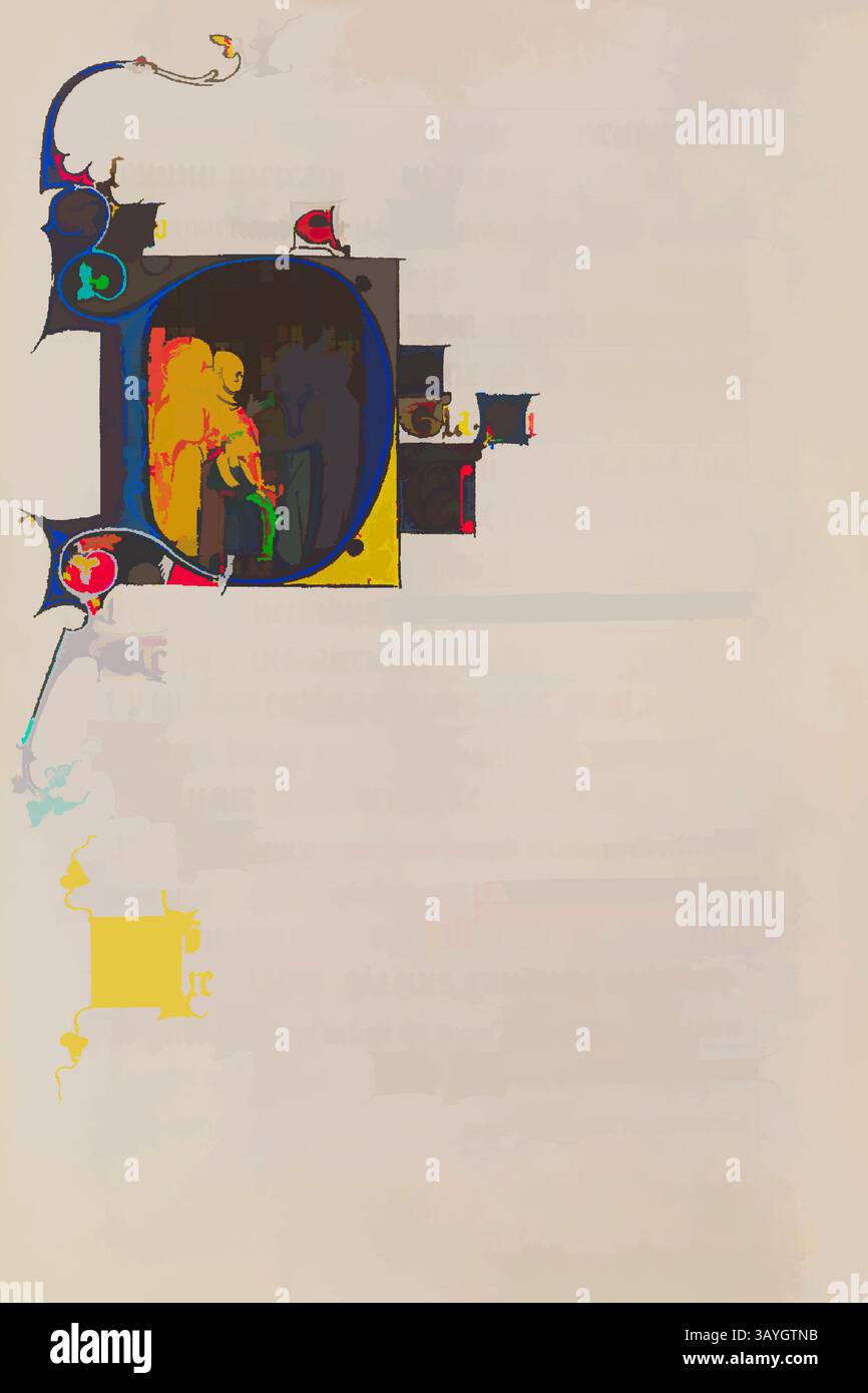 Une représentation abstraite avec des éléments décoratifs et des couleurs vibrantes entrelacées avec des figures, créant une composition visuellement intrigante qui fusionne art et narration. Français : feuille tirée d'un Livre d'heures avec un d initial historié représentant le Christ avant Pilate, artiste non identifié, français, c. 1310-1325, Tempera, encres marron et rouge inscrites, lignes de tracé à l’encre marron et or sur parchemin, hors tout (plié) : 9 7/8 x 6 11/16 po. (25,1 x 17 cm) Art classique avec une touche moderne réinventée par Artotop Banque D'Images