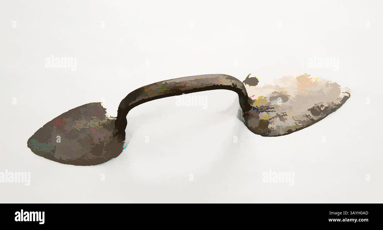 Un outil de jardin métallique avec un manche incurvé et deux lames pointues, conçu pour creuser et cultiver le sol. La surface montre des signes d'usure, faisant allusion à son utilisation pratique au fil du temps. Américain : porte Pull, américain, 18e–19e siècle, fer, total : 10 5/8 x 2 1/2 x 2 3/16 po. (27 x 6,4 x 5,6 cm) Art classique avec une touche moderne réinventée par Artotop Banque D'Images