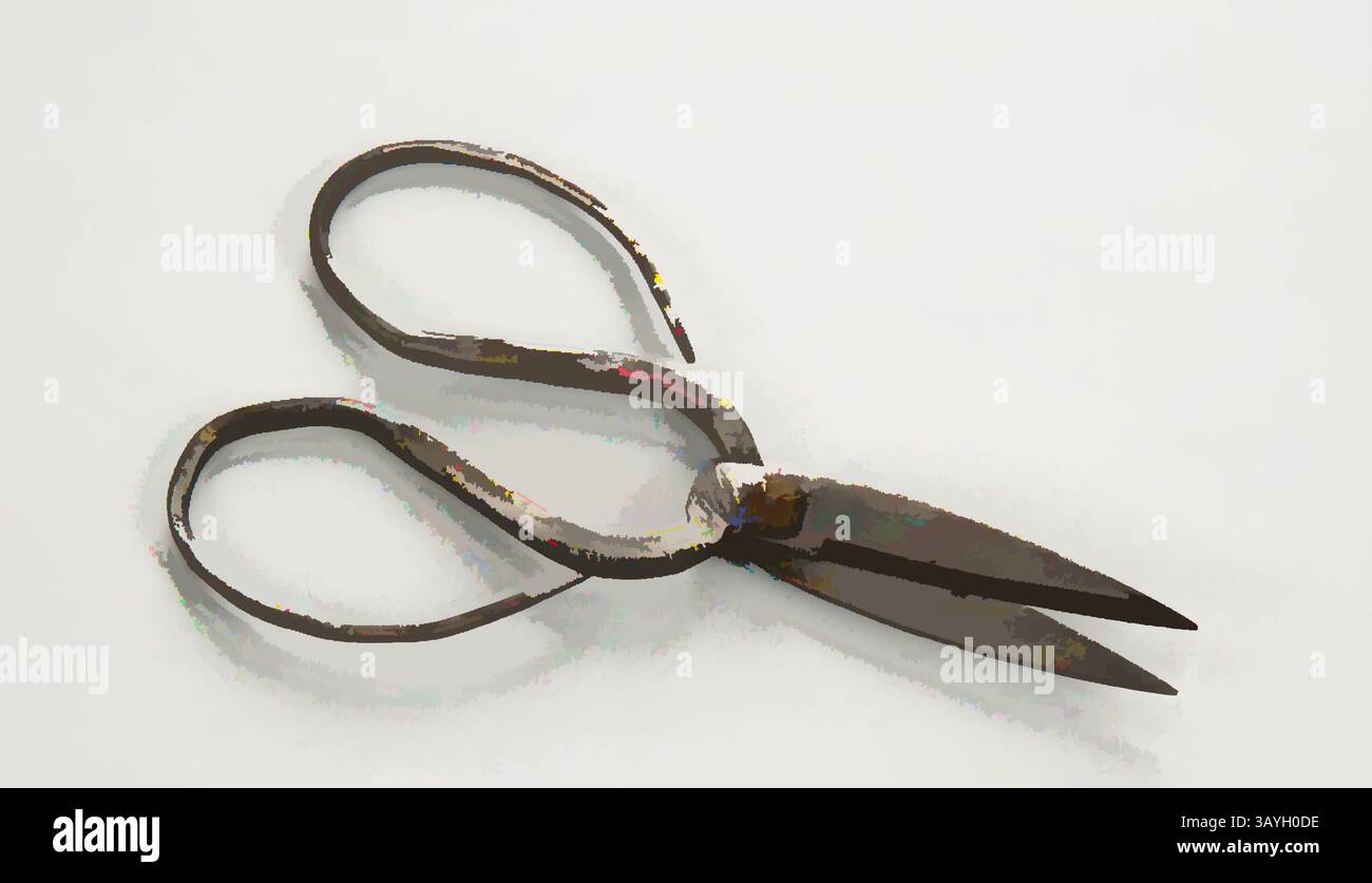 Une paire de ciseaux élégamment conçus avec une forme unique et fluide, mettant en valeur leurs lames tranchantes et leur manche complexe. Européen : ciseaux, européen, 18e-19e siècle, fer, total : 7 3/8 x 3 5/8 x 9/16 po. (18,7 x 9,2 x 1,4 cm) Art classique avec une touche moderne réinventée par Artotop Banque D'Images
