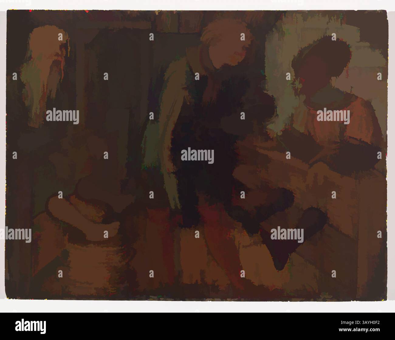 Une scène faiblement éclairée représentant quatre personnages engagés dans une interaction tranquille, avec une personne assise et deux autres penchées dedans, tandis qu'un personnage barbu observe de côté. L’atmosphère suggère un moment intime de conversation ou de réflexion. Europe du Nord : deux hommes en stock, et une troisième figure, artiste non identifié, Europe du Nord, probablement 15ème siècle, huile et tempera sur panneau, dans l'ensemble : 5 x 6 5/8 po. (12,7 x 16,8 cm) Art classique avec une touche moderne réinventée par Artotop Banque D'Images