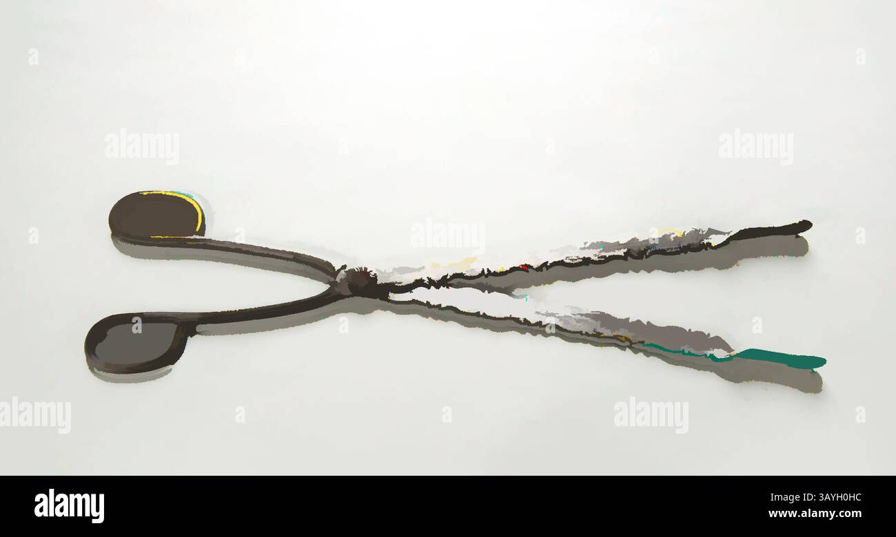 Une paire de ciseaux stylisés avec des poignées allongées et une finition réfléchissante, reposant sur un fond neutre. Les lames semblent légèrement courbées, créant une interprétation abstraite et artistique d'un outil commun. Espagnol : pinces, espagnol, XVIIIe–XIXe siècle, fer, total : 21 x 3 5/8 x 3/4 po. (53,3 x 9,2 x 1,9 cm) Art classique avec une touche moderne réinventée par Artotop Banque D'Images