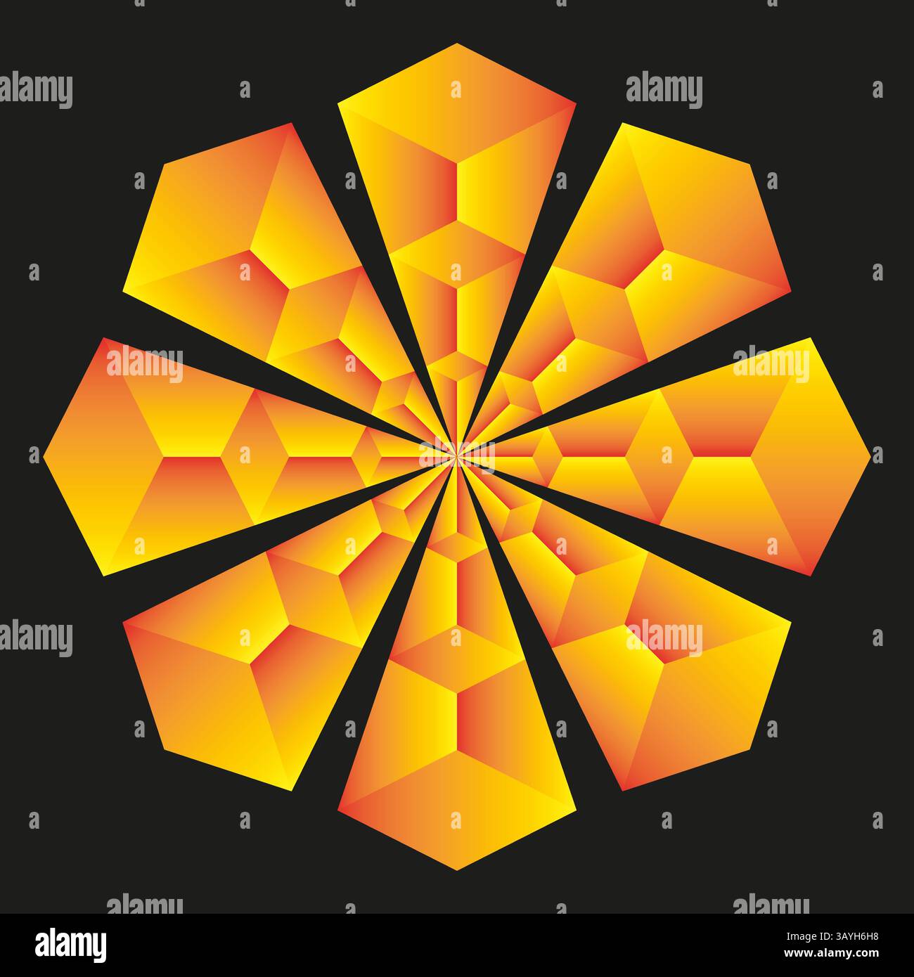 Forme géométrique de fleur. Pétale cube jaune. Vecteur radial abstrait. Arrière-plan sombre contrasté. Illustration de Vecteur