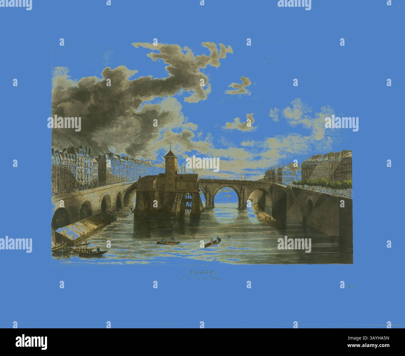 Une vue sereine d'une scène fluviale avec des ponts élégants, des bâtiments historiques bordant les rives, et de petits bateaux glissant le long de l'eau, le tout sous un ciel spectaculaire rempli de nuages. Paris, le Pont-au-change, s.d., John Gendall (anglais, 1790-1865), D'après Thomas Sutherland (anglais, 1785-1825), ou d'après Charles Augustus Pugin (anglais, né en France, 1762/69-1832), publié par Lewis & Johnson, Angleterre, aquatinte gravure sur papier art classique avec une touche moderne réinventée par Artotop Banque D'Images