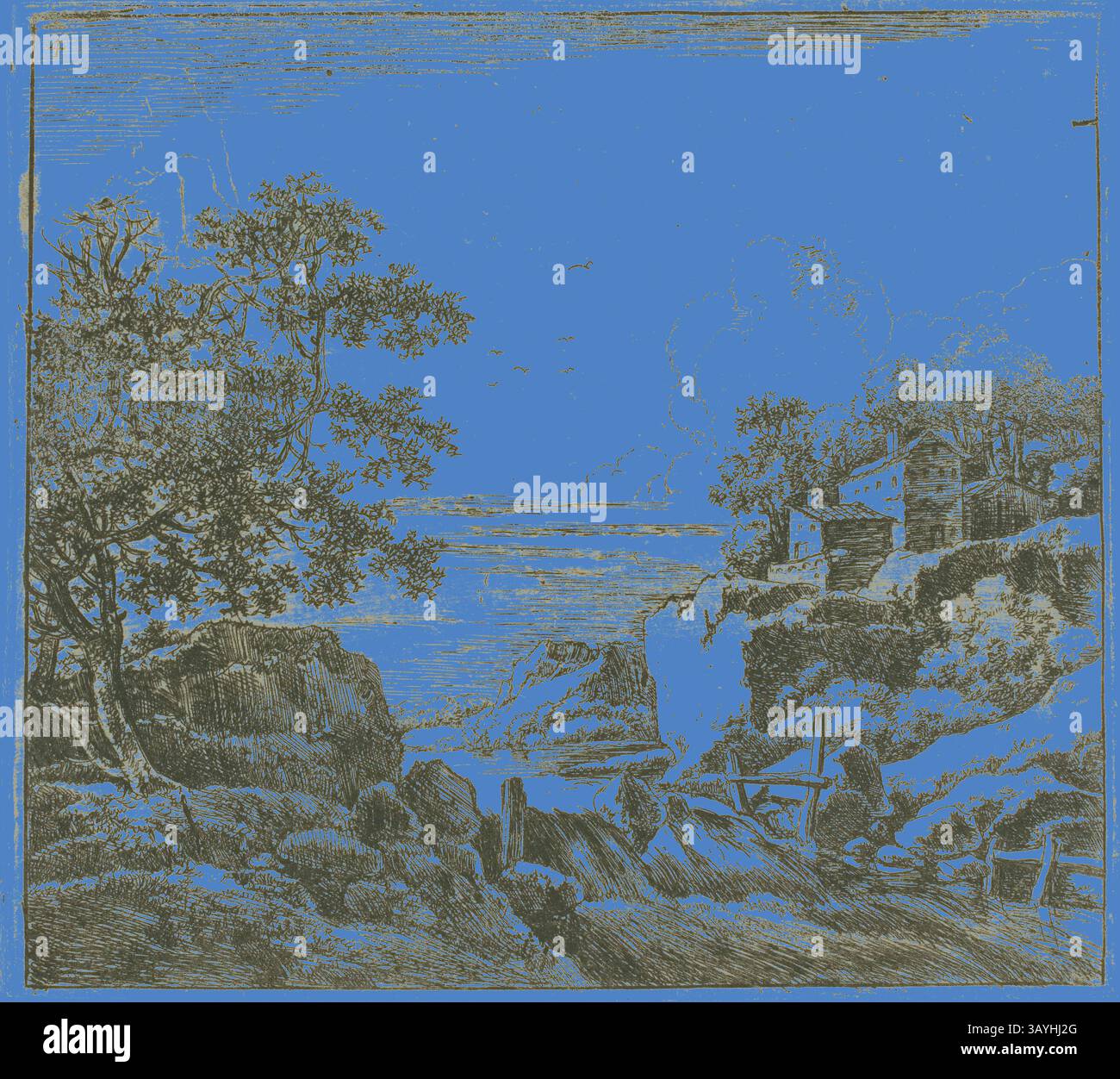 Un paysage serein avec des collines ondulantes, un plan d'eau tranquille et un village pittoresque niché parmi les arbres, évoquant un sentiment de calme et d'intemporalité. The Cascade, tiré de la série des paysages, s.d., Herman Naijwincx, néerlandais, 1623-après 1651, pays-Bas, gravure sur papier posé ivoire Art classique avec une touche moderne réinventée par Artotop Banque D'Images