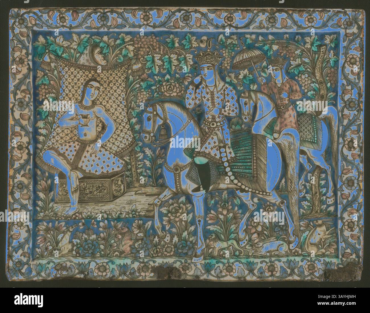 Une scène vibrante représente deux cavaliers élégamment habillés à cheval, accompagnés d'un personnage assis sereinement, tandis que des motifs floraux complexes et des feuillages les entourent, mettant en valeur le riche récit culturel. Tuile avec une scène de Khamsa de Nizami (Khusrau arrive sur le bain de Shirin), dynastie Qajar (1796-1925), fin du XIXe siècle, Iran, probablement Téhéran, Iran, Fritware avec décoration moulée et peinture sous glaçure, 52,3 x 40,2 x 4,5 cm (20 5/8 x 15 3/4 x 1 3/4 po.) Art classique avec une touche moderne réinventé par Artotop Banque D'Images