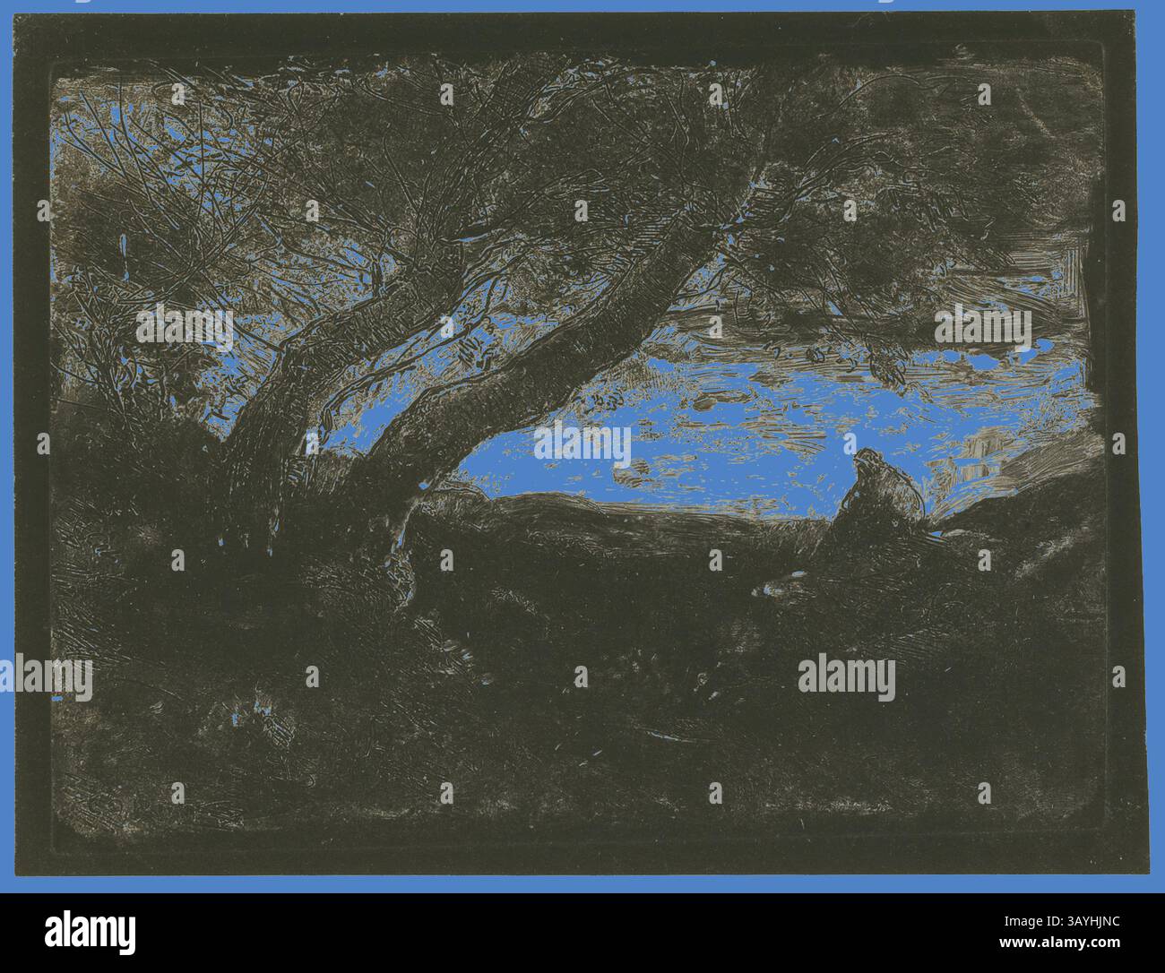 Un paysage serein présente des arbres torsadés s'étendant au-dessus d'un plan d'eau calme, avec une teinte bleue tranquille illuminant doucement la scène, contrastant avec le feuillage sombre environnant. Le penseur, 1854, Jean-Baptiste-Camille Corot, français, 1796-1875, France, cliché-verre sur papier photographique ivoire, 150 × 200 mm (image), 163 × 214 mm (feuille) Art classique avec une touche moderne réinventée par Artotop Banque D'Images