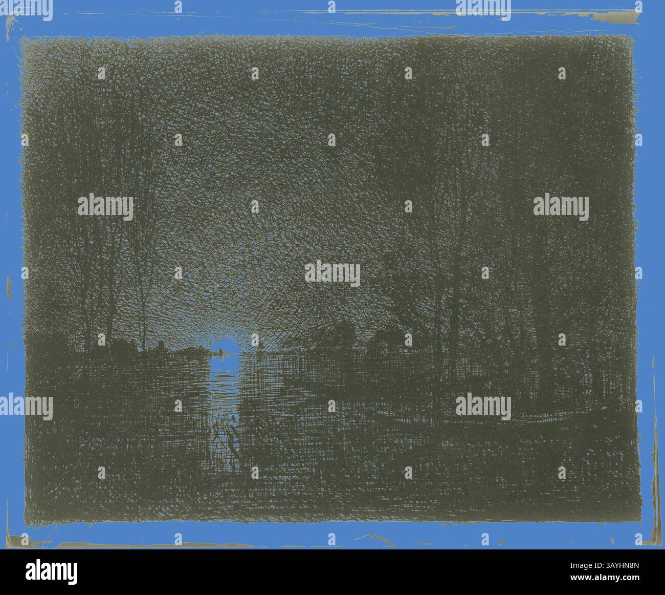 Un paysage serein avec un plan d'eau calme reflétant la lumière, encadré par des silhouettes sombres d'arbres au premier plan. La scène évoque un sentiment de tranquillité et de profonde contemplation. Effet de nuit, 1862, Charles François Daubigny, français, 1817-1878, France, cliché-verre sur papier photographique ivoire, 151 × 191 mm (image), 169 × 203 mm (feuille) Art classique avec une touche moderne réinventée par Artotop Banque D'Images