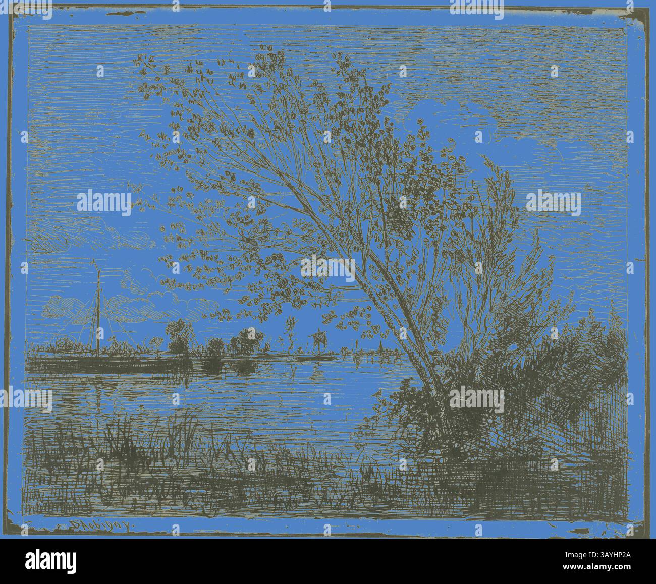 Un paysage serein avec un arbre en pente douce près d'un plan d'eau calme, avec des arbres lointains et un soupçon de voiles à l'horizon, encadré par un fond bleu vif. Touffe d'Alder, 1862, Charles François Daubigny, français, 1817-1878, France, cliché-verre sur papier photographique ivoire, 154 × 188 mm (image), 161 × 200 mm (feuille) Art classique avec une touche moderne réinventée par Artotop Banque D'Images