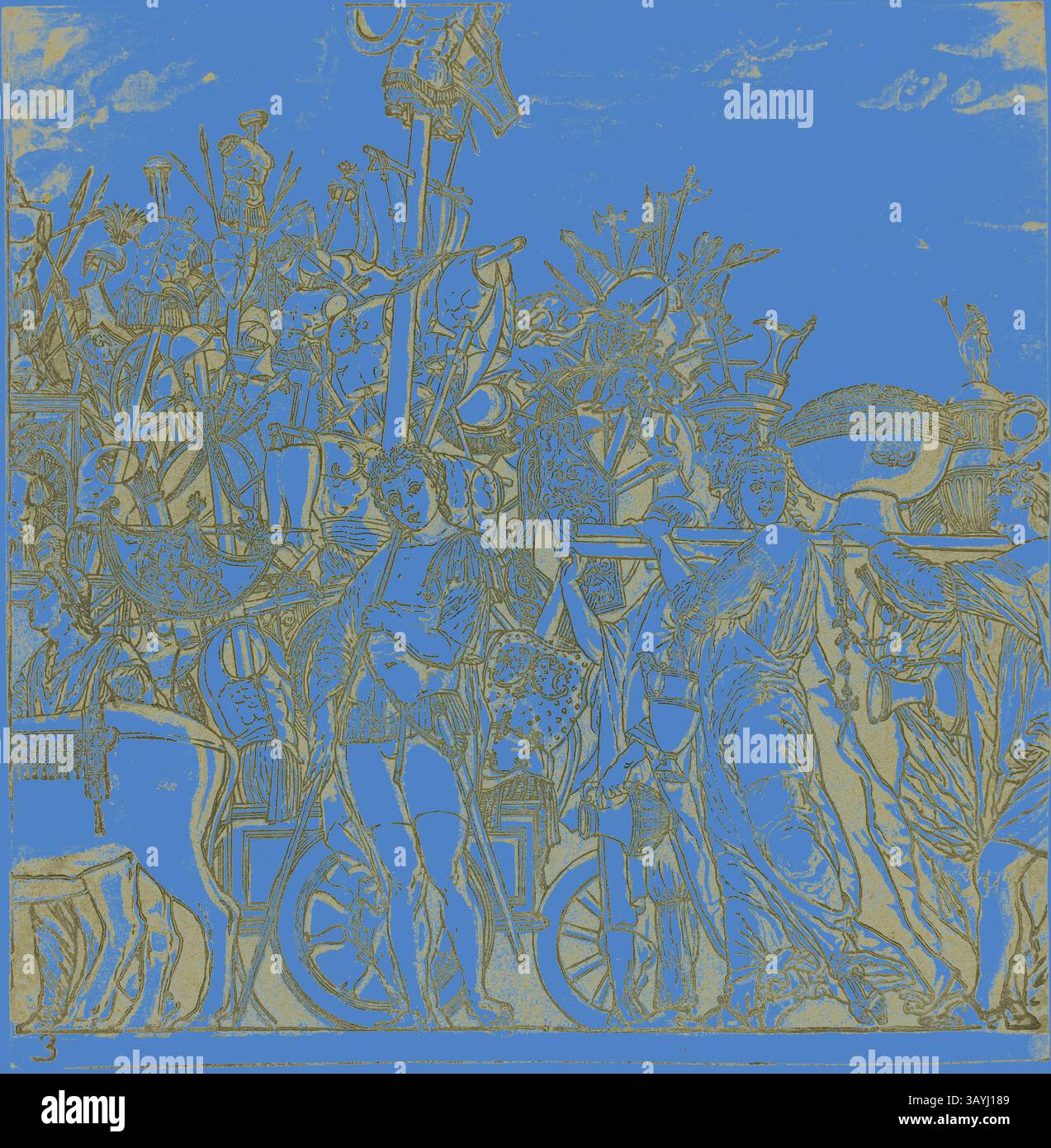 Une scène chaotique remplie d'un assortiment de figures et d'objets, mélangeant des formes humaines avec des éléments de la nature et divers artefacts, créant une tapisserie complexe de créativité et d'imagination. Les teintes vibrantes ajoutent une qualité surréaliste, améliorant le mélange éclectique des sujets. Triomphe de César, 1599, Andrea Andreani (italien, 1558/59-1629), d'après Andrea Mantegna (italien, 1431-1506), Italie, Chiaroscuro gravure sur bois de quatre blocs en noir et clair, gris verdâtre moyen et foncé sur papier blanc cassé, 380 x 374 mm (image/feuille), approx. 385 x 3420 mm Art classique avec une touche moderne Banque D'Images