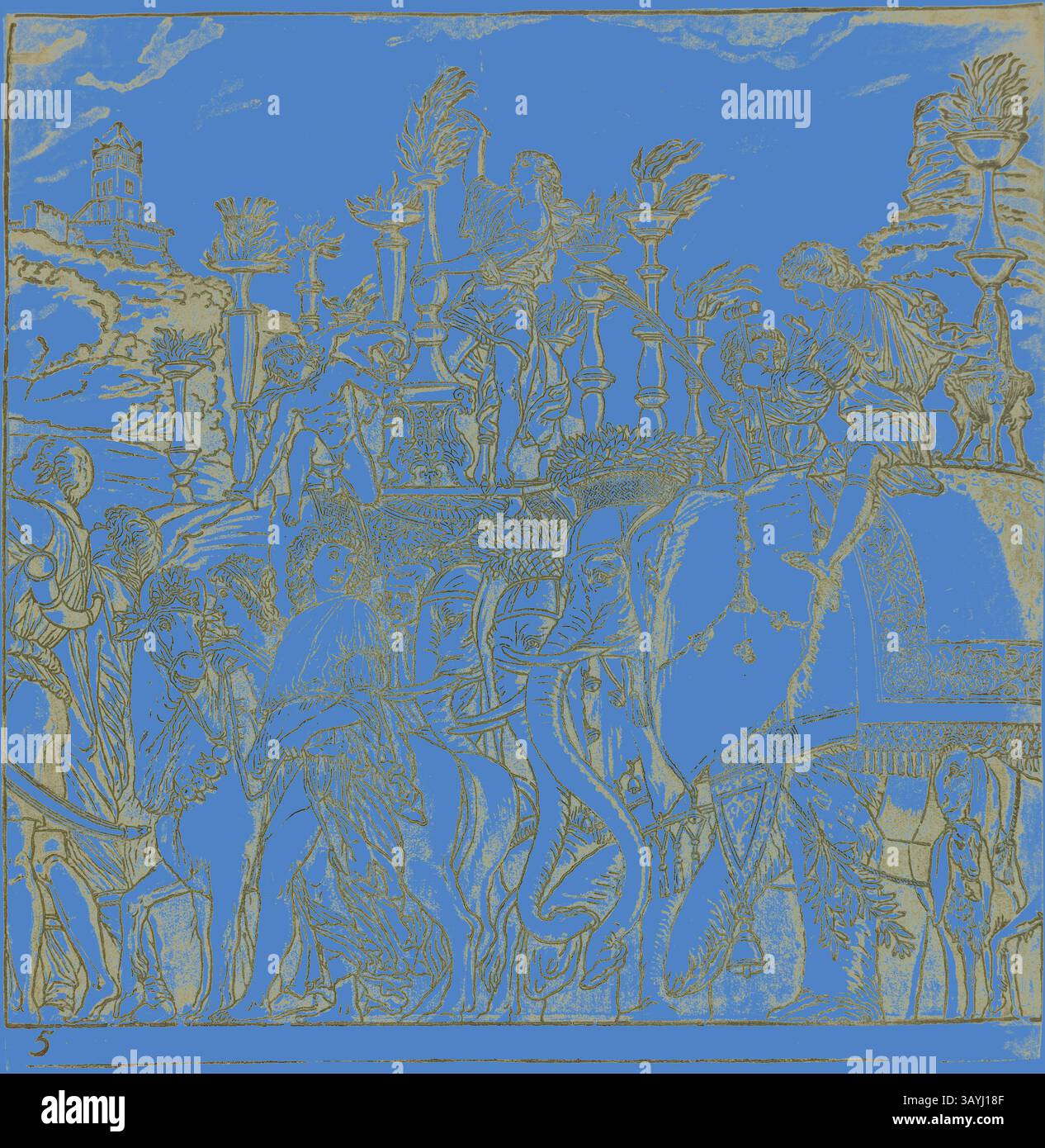 Un grand défilé présente des figures élégamment ornées, des éléphants majestueux et des décorations complexes, le tout dans un paysage élaboré rempli d'une architecture ornée et d'un feuillage luxuriant. La scène capture un moment de célébration et d'opulence, riche en détails et en signification historique. Triomphe de César, 1599, Andrea Andreani (italien, 1558/59-1629), d'après Andrea Mantegna (italien, 1431-1506), Italie, Chiaroscuro gravure sur bois de quatre blocs en noir et clair, gris verdâtre moyen et foncé sur papier blanc cassé, 380 x 378 mm (feuille), composite approx. 385 x 3420 mm Art classique avec un moderne Banque D'Images