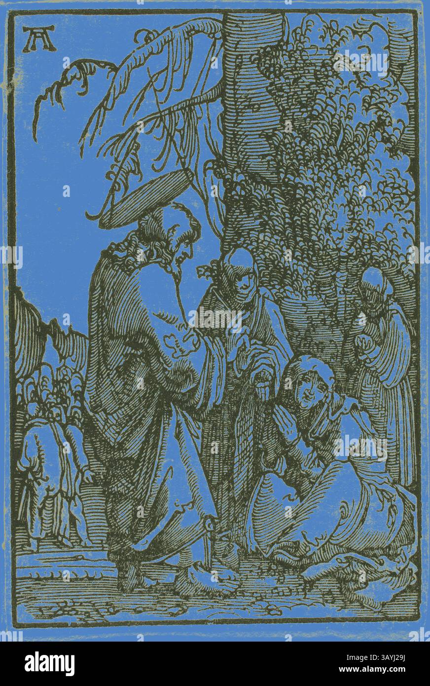 Un ensemble de figures est représenté, avec une figure centrale véhiculant de la compassion envers une femme agenouillée, tandis que deux autres observent attentivement. Autour d'eux se trouvent des figures supplémentaires, créant une scène narrative riche en émotions et en interactions. Le cadre est encadré par un feuillage luxuriant, ajoutant une sensation de profondeur et de contexte au moment. Christ prenant congé de sa mère, de la chute et de la Rédemption de l'homme, 1513, Albrecht Altdorfer, allemand, c.1480-1538, Allemagne, gravure sur bois noir sur papier ivoire, 171 x 148 mm (image/plaque), 174 x 149 mm (feuille) Art classique avec une touche moderne réinventée par Banque D'Images