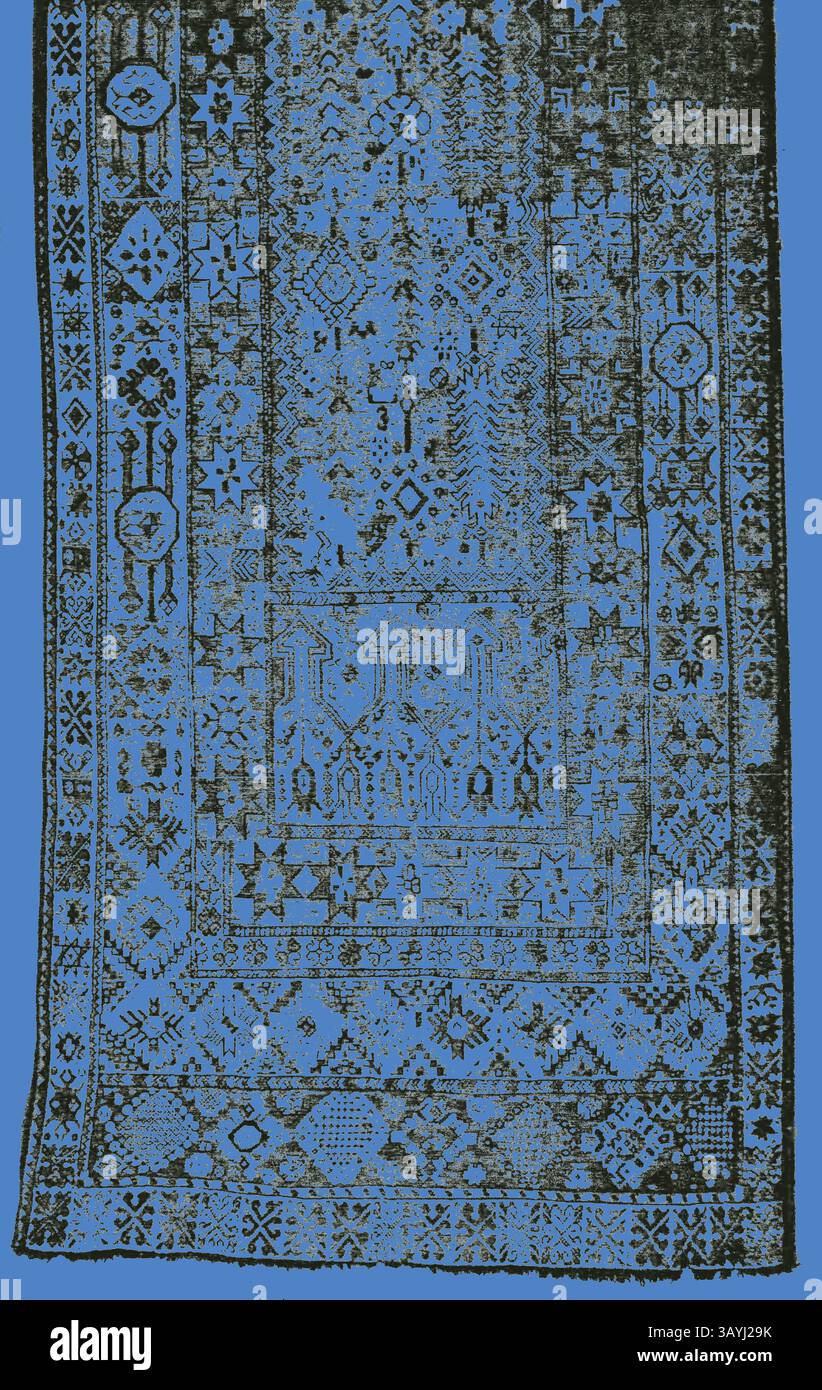 Ce tapis sublime est orné d'un motif complexe de formes géométriques et de motifs floraux, superposés dans des textures riches et des couleurs audacieuses qui créent un contraste visuel saisissant. Tapis, 1850/1900, Maroc, Rabat, Maroc, laine, tissage Uni avec des trames enveloppantes supplémentaires formant poil coupé grâce à une technique connue sous le nom de noeuds 'turcs' (Ghiordes) Art classique avec une touche moderne réinventée par Artotop Banque D'Images