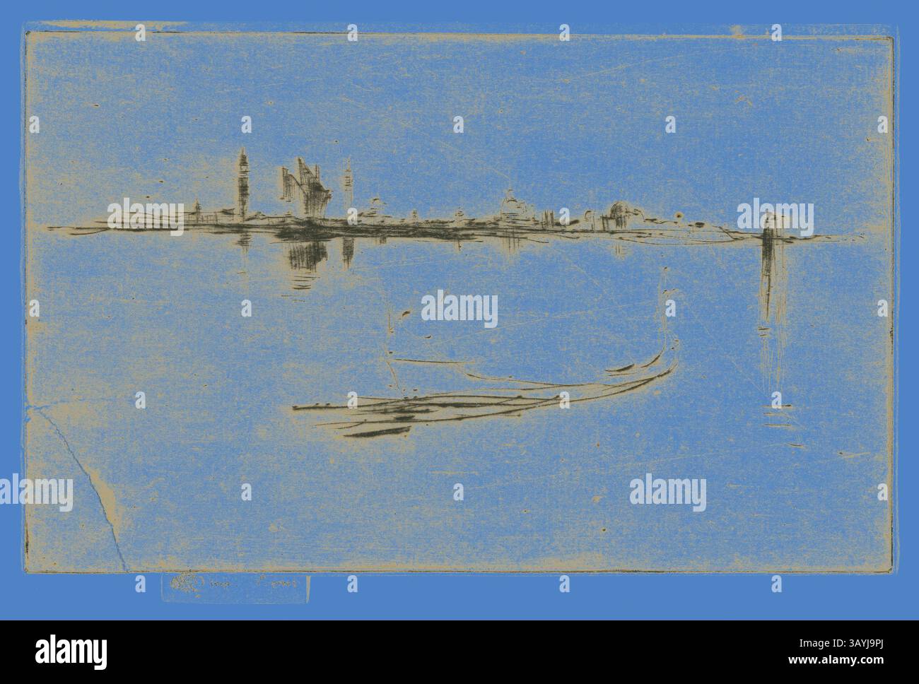 Une scène sereine de front de mer avec des silhouettes lointaines de tours et de structures, reflétées doucement sur la surface calme de l'eau. Les traits subtils suggèrent une atmosphère tranquille, avec un fond bleu doux améliorant l'ambiance générale. Îles : soir, 1879/80, James McNeill Whistler, américain, 1834-1903, États-Unis, Drypoint à l'encre noire sur papier couché crème posé sur papier tissé crème, 126 x 202 mm (plaque), 136 x 203 mm (feuille) Art classique avec une touche moderne réinventée par Artotop Banque D'Images