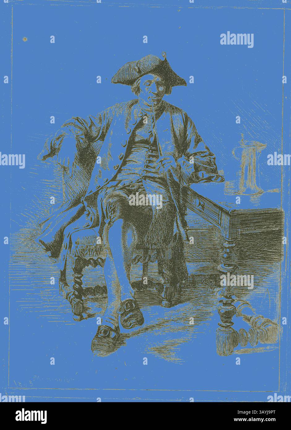 Un gentleman est confortablement assis dans une tenue somptueuse, avec un chapeau de tricorne, exsudant un air de sophistication. Sa pose détendue contraste avec la chaise et la table ornées à côté de lui, mettant en valeur un style de vie élégant d'une époque révolue. The Grand Smoker, 1843, Jean Louis Ernest Meissonier, français, 1815-1891, France, gravure et point sec sur papier ivoire, posé sur papier ivoire tissé, posé sur carte ivoire, 79 × 65 mm (image), 93 × 66 mm (support primaire), 96 × 69 mm (plaque), 276 × 178 mm (support secondaire), 276 × 179 mm (support tertiaire) Art classique avec une touche moderne réinventée par Banque D'Images