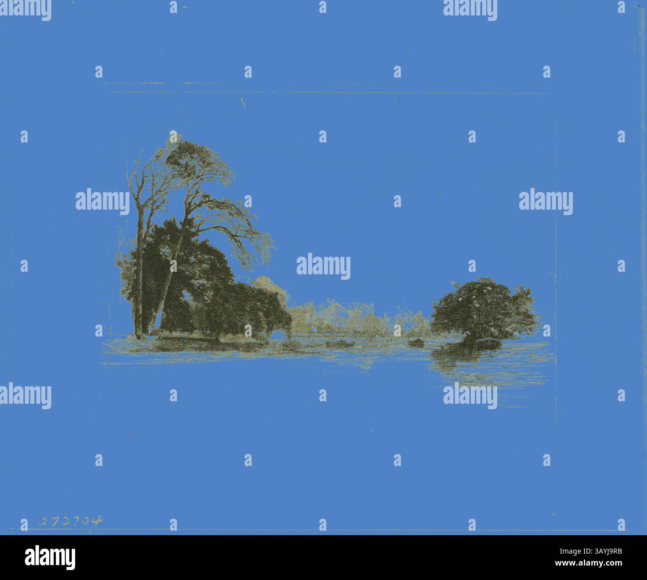 Un paysage serein avec un plan d'eau tranquille bordé d'arbres luxuriants, avec des structures lointaines jetant un œil à travers le feuillage. La scène évoque un sentiment de calme et de beauté naturelle. Rives de la Tamise près de Londres, 1869, Maxime Lalanne, Français, 1827-1886, France, Drypoint sur crème simili-Japon, posé sur carte lourde, 106 × 144 mm (plaque), 158 × 191 mm (feuille) Art classique avec une touche moderne réinventée par Artotop Banque D'Images