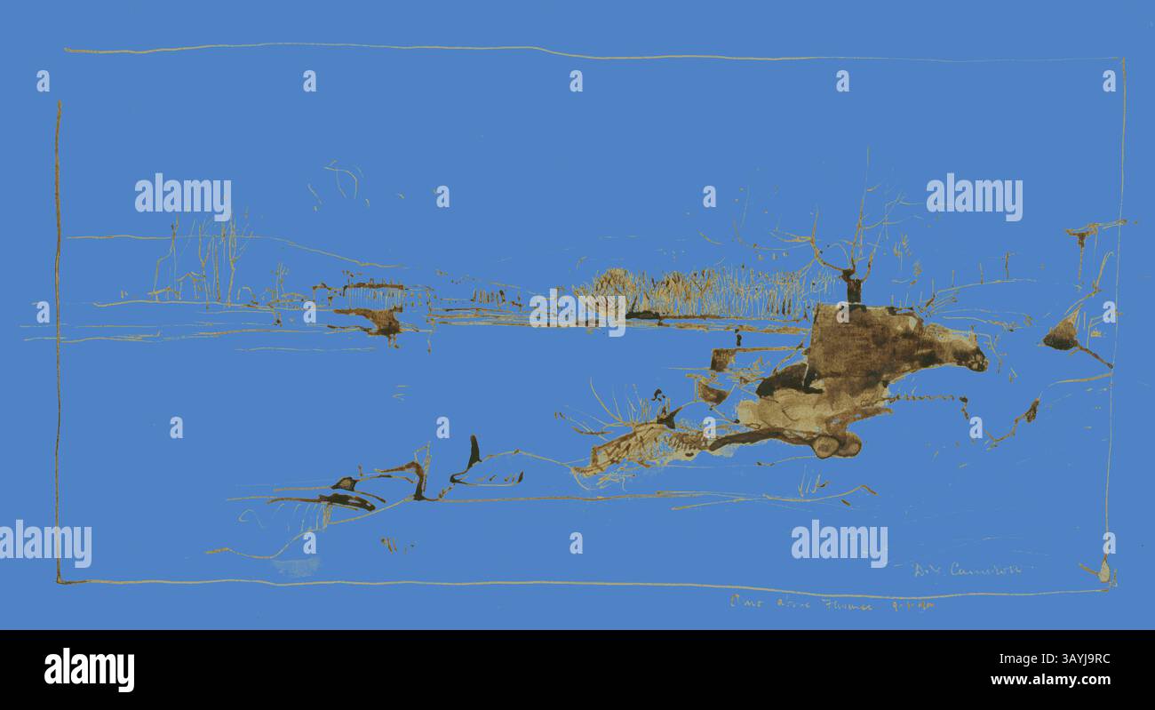 Un paysage tranquille avec un plan d'eau serein entouré d'arbres clairsemés et de branches dispersées, sur fond bleu vif qui renforce le sentiment de calme et d'isolement. Arno au-dessus de Florence, 3 septembre 1900, David Young Cameron, Écossais, 1865-1945, Écosse, stylo et encre brune, avec pinceau et lavage brun, sur traces de graphite, sur papier tissé crème, 171 x 320 mm Art classique avec une touche moderne réinventée par Artotop Banque D'Images