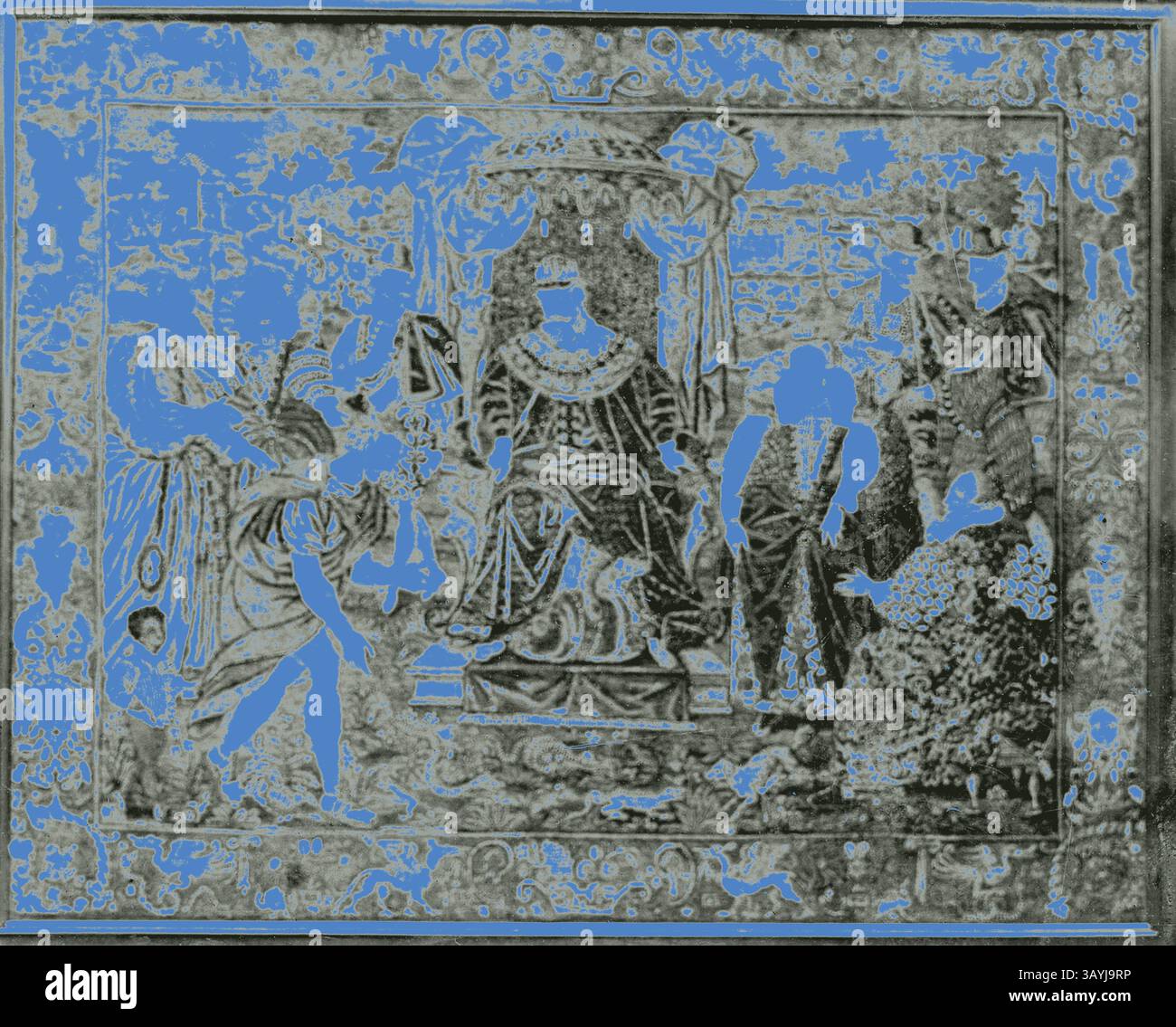 Une scène ornée représentant une figure royale assise sur un trône, entourée de serviteurs et d'éléments de grandeur. Des motifs décoratifs et des détails complexes encadrent les personnages, transmettant un sens de l'importance historique et de l'artisanat artistique. Photo, 1575/1600, Angleterre, soie et laine, brodée, 139,7 × 170,2 cm (55 × 67 po) Art classique avec une touche moderne réinventé par Artotop Banque D'Images