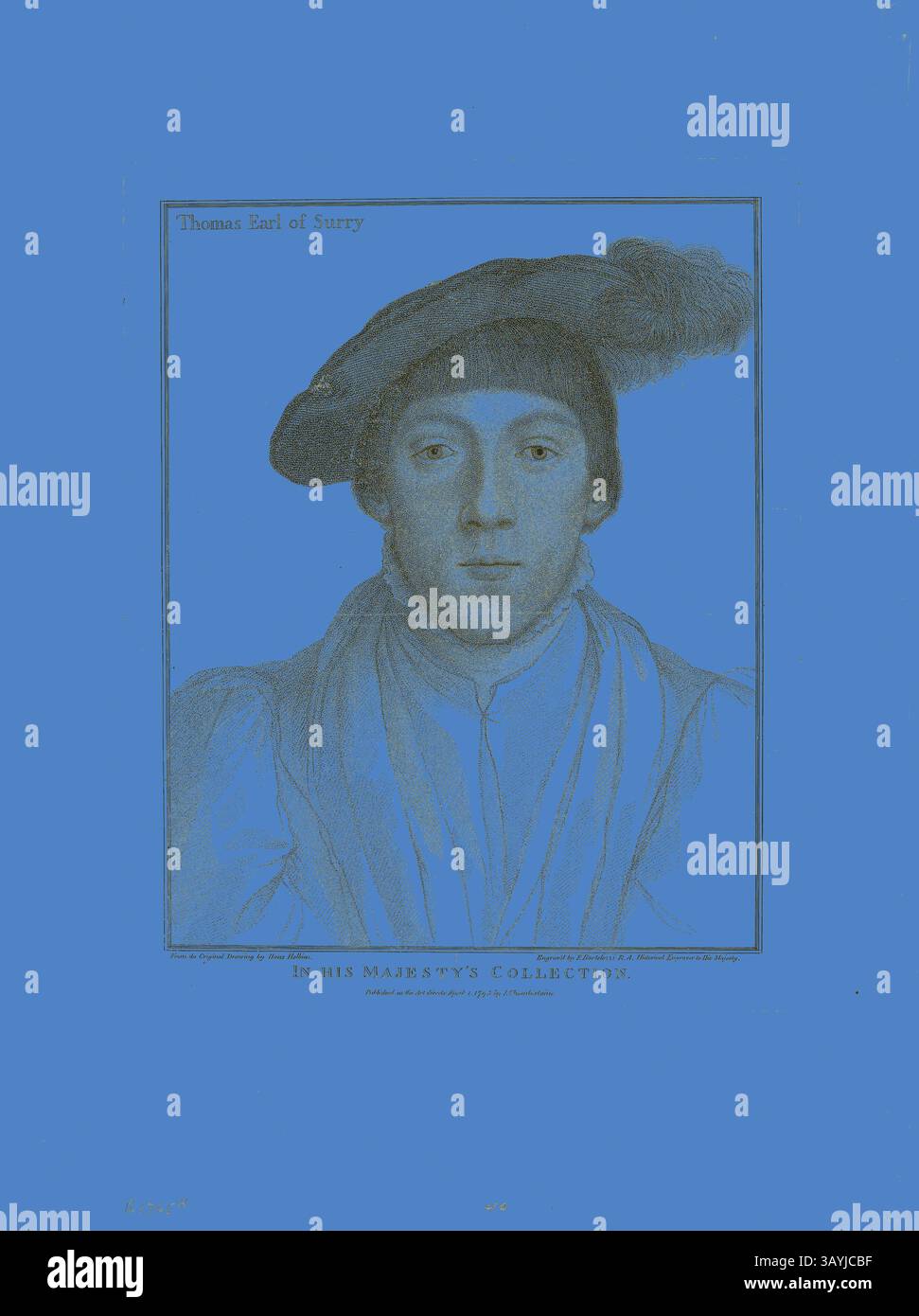 Un portrait historique de Thomas, comte de Surrey, mettant en valeur sa tenue et son chapeau distinctifs, encadrés d'un fond bleu audacieux. Thomas Comte de Surrey, 1er avril 1795, Francesco Bartolozzi (italien, 1727-1815), après Hans Holbein le jeune (allemand, 1497-1543), Italie, gravure Stipple sur papier tissé crème, 253 x 202 mm (image), 286 x 228 mm (plaque), 410 x 303 mm (feuille) Art classique avec une touche moderne réinventée par Artotop Banque D'Images