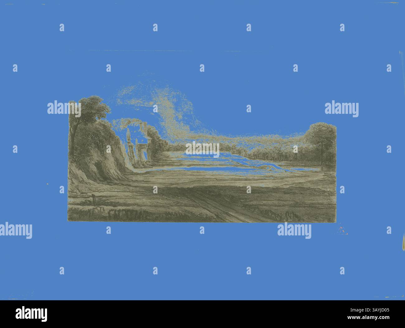 Un paysage serein avec des collines ondulantes et un plan d'eau tranquille, encadré par des arbres luxuriants et des structures lointaines, évoquant un sentiment de calme et de beauté naturelle. Le Moulin, 1848, Charles François Daubigny (français, 1817-1878), d'après Jan Symonsz Pynas (néerlandais, 1583/84-1631), France, gravure et aquatinte sur papier tissé blanc, 121 × 190 mm (image), 181 × 265 mm (planche), 208 × 265 mm (feuille) Art classique avec une touche moderne réinventée par Artotop Banque D'Images