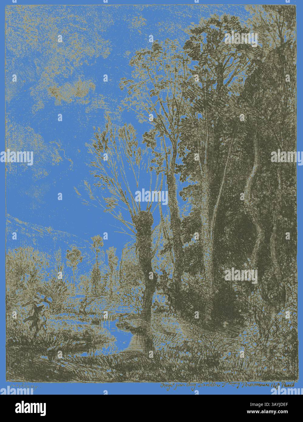 Un paysage serein présente des arbres et de la végétation entourant un étang tranquille, avec un ciel bleu vif au-dessus, créant un contraste saisissant qui met en évidence la beauté naturelle de la scène. Le Satyre, 1850, Charles François Daubigny, français, 1817-1878, France, gravure, roulette et aquatinte sur papier crème japonais, 150 × 117 mm (image), 171 × 134 mm (plaque), 393 × 262 mm (feuille) Art classique avec une touche moderne réinventée par Artotop Banque D'Images Un paysage serein présente des arbres et de la végétation entourant un étang tranquille, avec un ciel bleu vif au-dessus, créant un contraste saisissant qui met en évidence la beauté naturelle de la scène. Le Satyre, 1850, Charles François Daubigny, français, 1817-1878, France, gravure, roulette et aquatinte sur papier crème japonais, 150 × 117 mm (image), 171 × 134 mm (plaque), 393 × 262 mm (feuille) Art classique avec une touche moderne réinventée par Artotop Banque D'Images