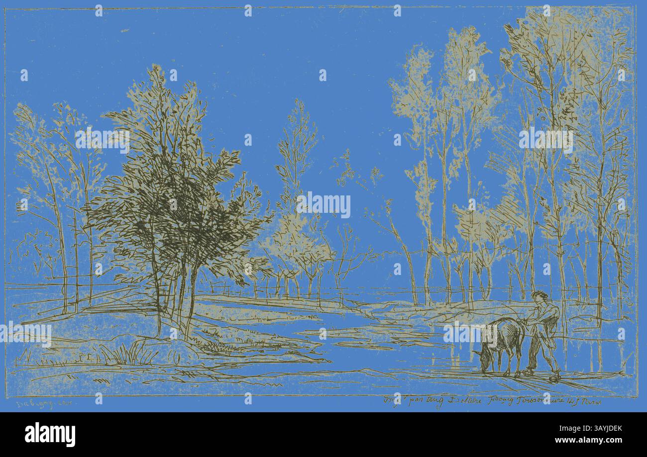 Un paysage serein présente une figure tendant à une vache près d'un plan d'eau calme, entouré de grands arbres et de collines douces, évoquant un sentiment de tranquillité et de beauté naturelle. L'âne à l'abreuvoir, v. 1850, Charles François Daubigny, français, 1817-1878, France, gravure et aquatinte sur papier crème japonais, 95 × 155 mm (image), 129 × 178 mm (plaque), 262 × 393 mm (feuille) Art classique avec une touche moderne réinventée par Artotop Banque D'Images