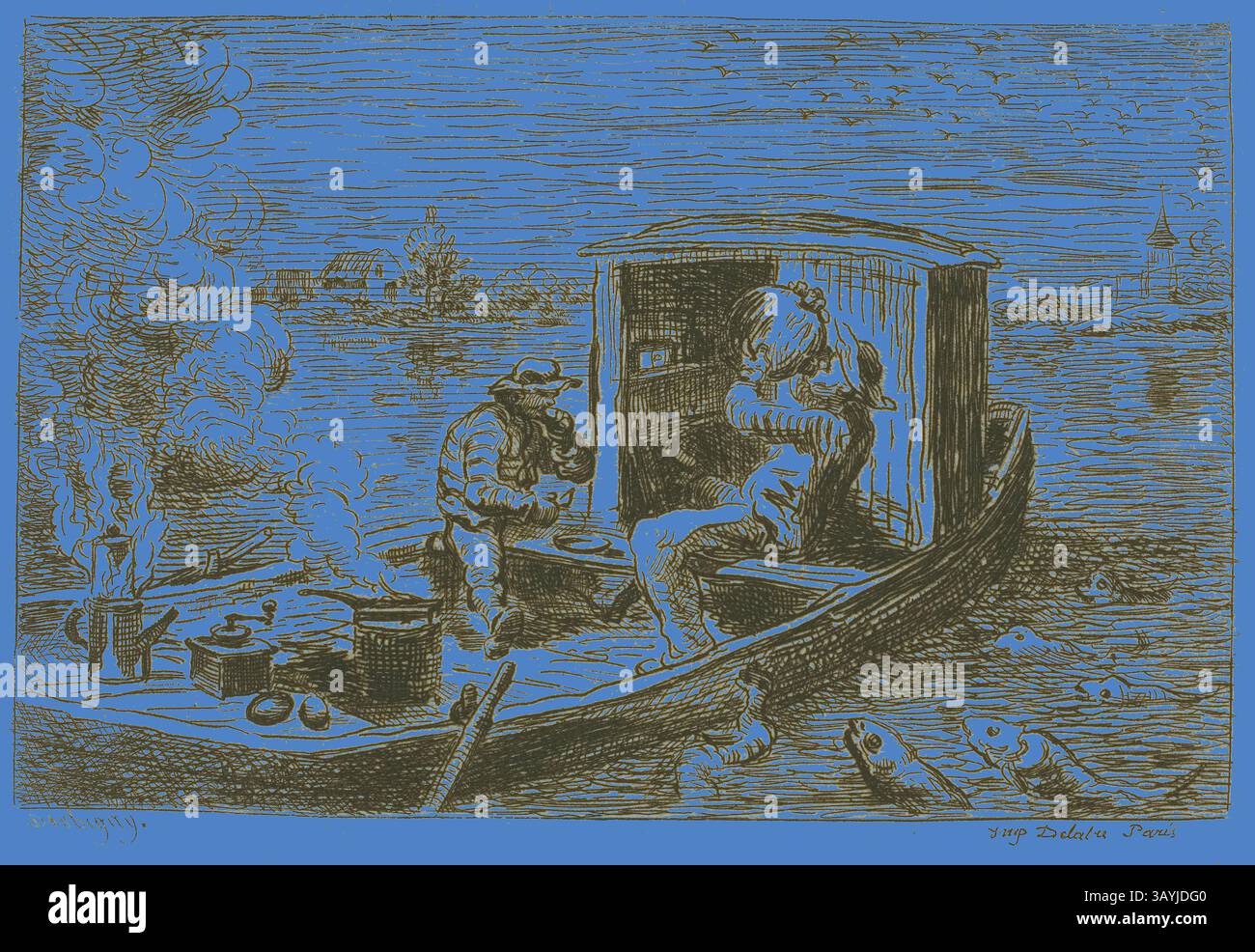 Une scène sereine au bord de la rivière représente deux personnages sur un petit bateau, l'un cuisinant au-dessus d'un feu tandis que l'autre profite d'un repas. L'eau calme reflète leur environnement, avec des arbres lointains et un clocher d'église visible sur le rivage, entouré de poissons nageant près de la surface. Avaler (repas sur le bateau), 1861, Charles François Daubigny, français, 1817-1878, France, gravure sur papier ivoire, 130 × 172 mm (plaque), 217 × 287 mm (feuille) Art classique avec une touche moderne réinventée par Artotop Banque D'Images