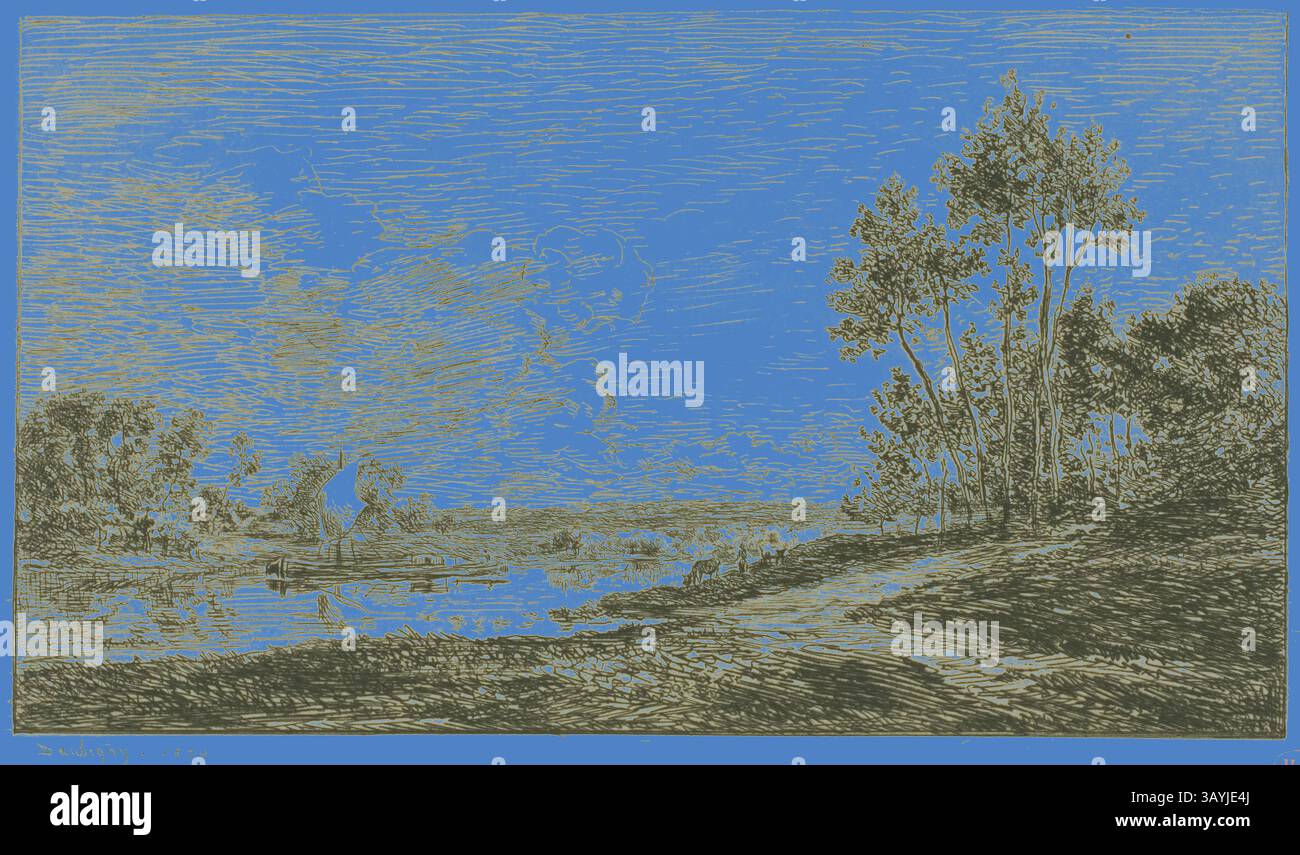 Un paysage serein avec un plan d'eau calme reflétant le ciel, bordé de douces collines et d'arbres, créant une atmosphère paisible. La Seine à Port-Maurin, 1876, Charles François Daubigny, Français, 1817-1878, France, gravure et point sec sur papier crème, 128 × 222 mm (image), 198 × 278 mm (plaque), 286 × 402 mm (feuille) Art classique avec une touche moderne réinventée par Artotop Banque D'Images
