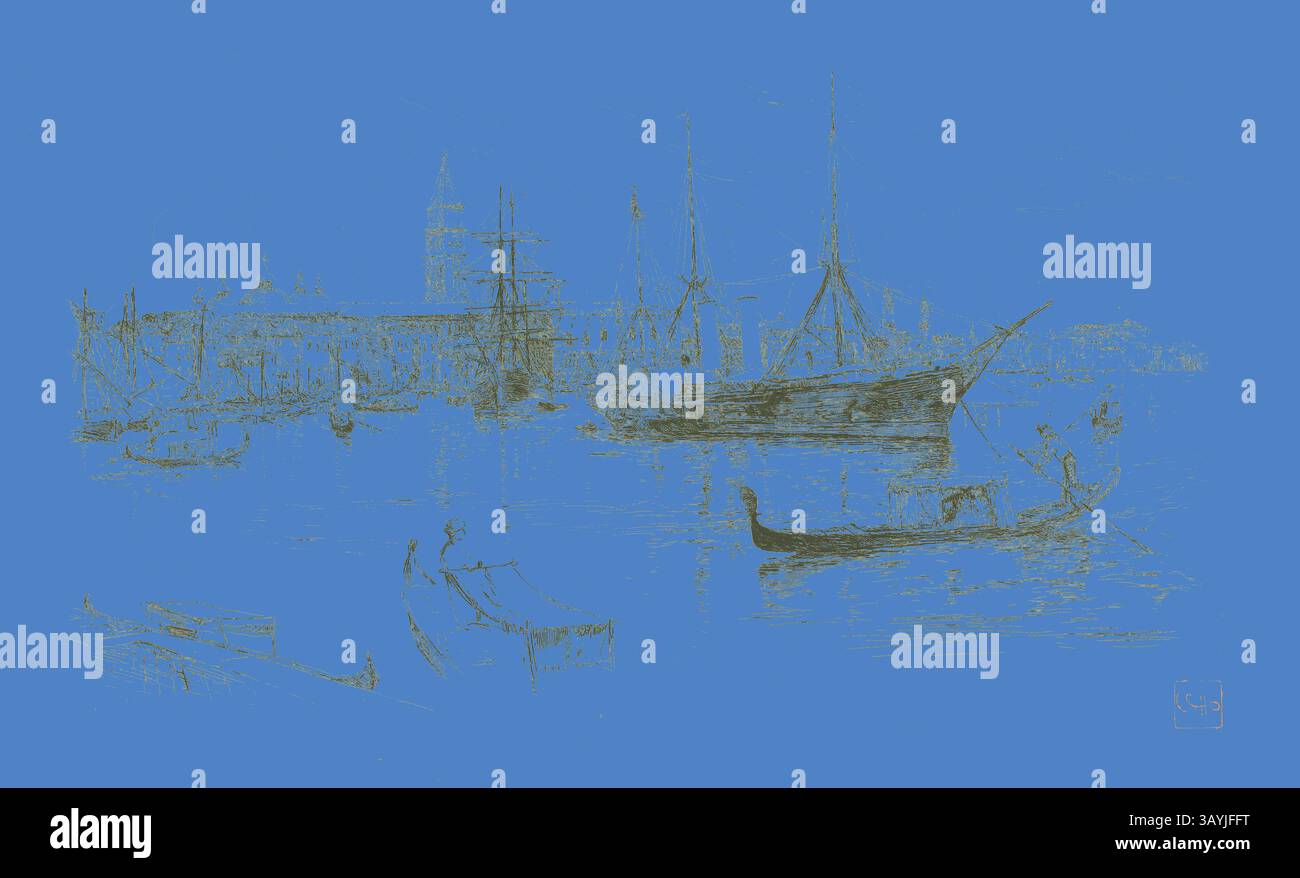 Une scène portuaire sereine présente divers bateaux, y compris un élégant voilier et de plus petits bateaux à rames, sur fond tranquille de bâtiments et de mâts. L'eau calme reflète les silhouettes, créant un mélange harmonieux de vie maritime. Laguna, Venise, 1880, Frank Duveneck, américain, 1848-1919, États-Unis, gravure sur papier ivoire, 196 x 341 mm (image/plaque), 228 x 371 mm (feuille) Art classique avec une touche moderne réinventé par Artotop Banque D'Images