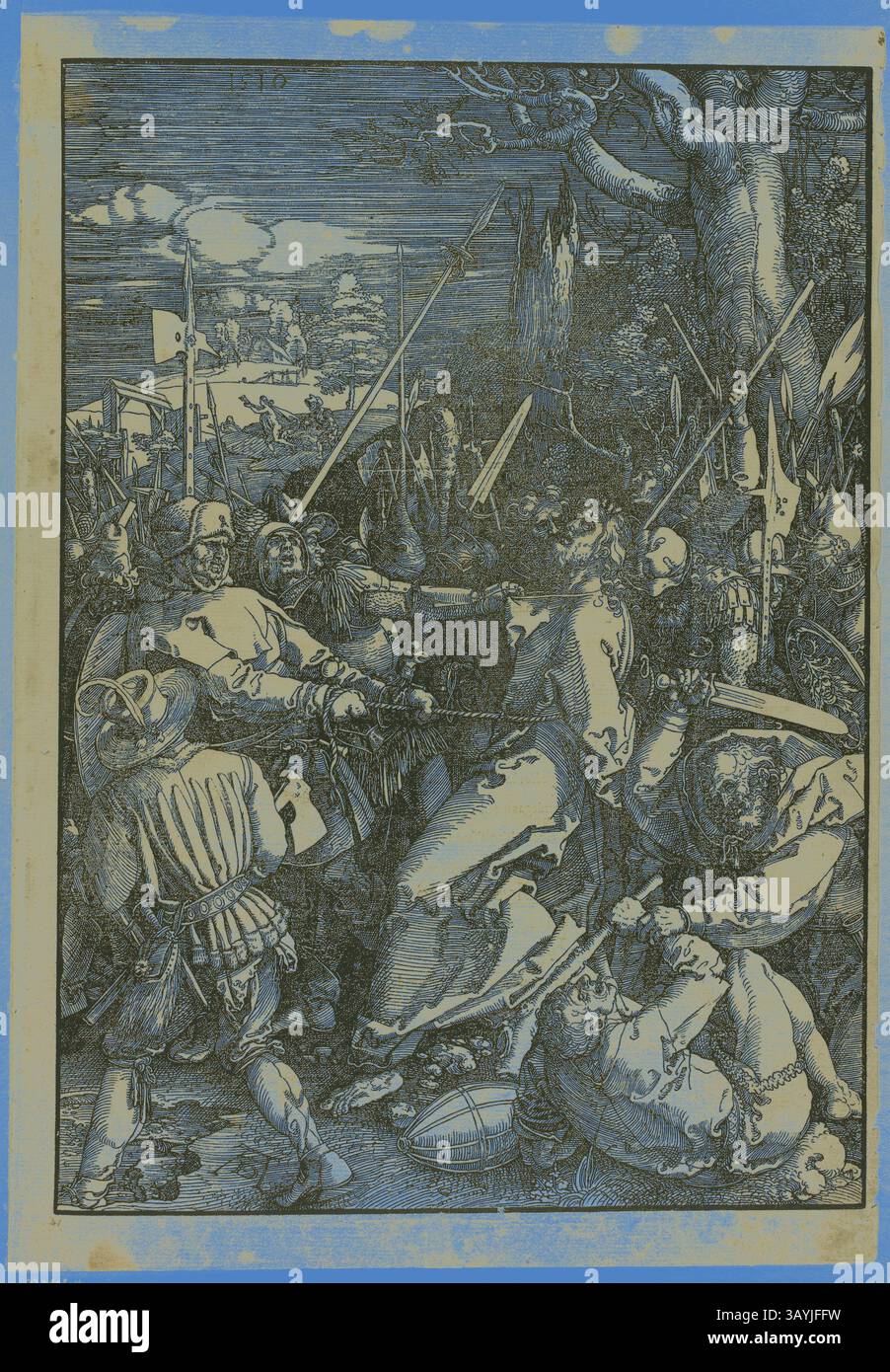 Une scène dramatique représentant un moment historique ou biblique, mettant en scène des personnages engagés dans un conflit avec un personnage au centre étant contraint. Le fond présente une atmosphère chaotique avec des soldats et des armes, tandis que les expressions sombres reflètent la tension du moment. La trahison du Christ, de la grande passion, 1510, publié en 1511, Albrecht Dürer, allemand, 1471-1528, Allemagne, gravure sur bois noir sur papier crème, 398 x 282 mm (image), 432 x 302 mm (feuille) Art classique avec une touche moderne réinventé par Artotop Banque D'Images